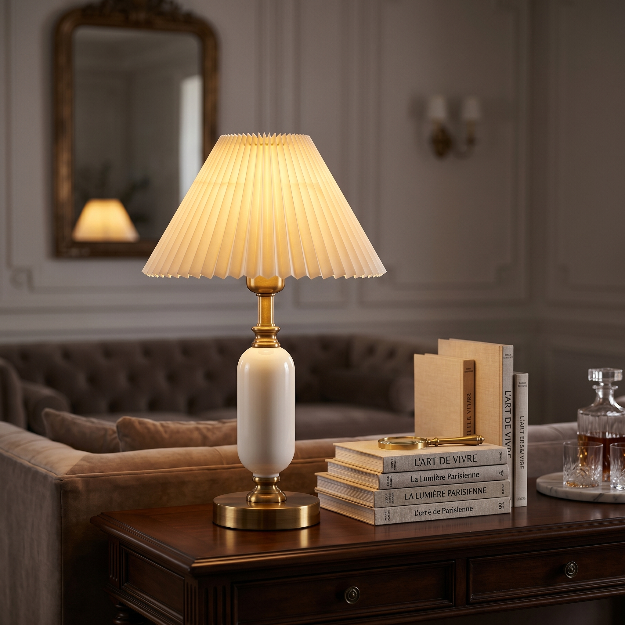 White Camelia lamp glowing on a living room console