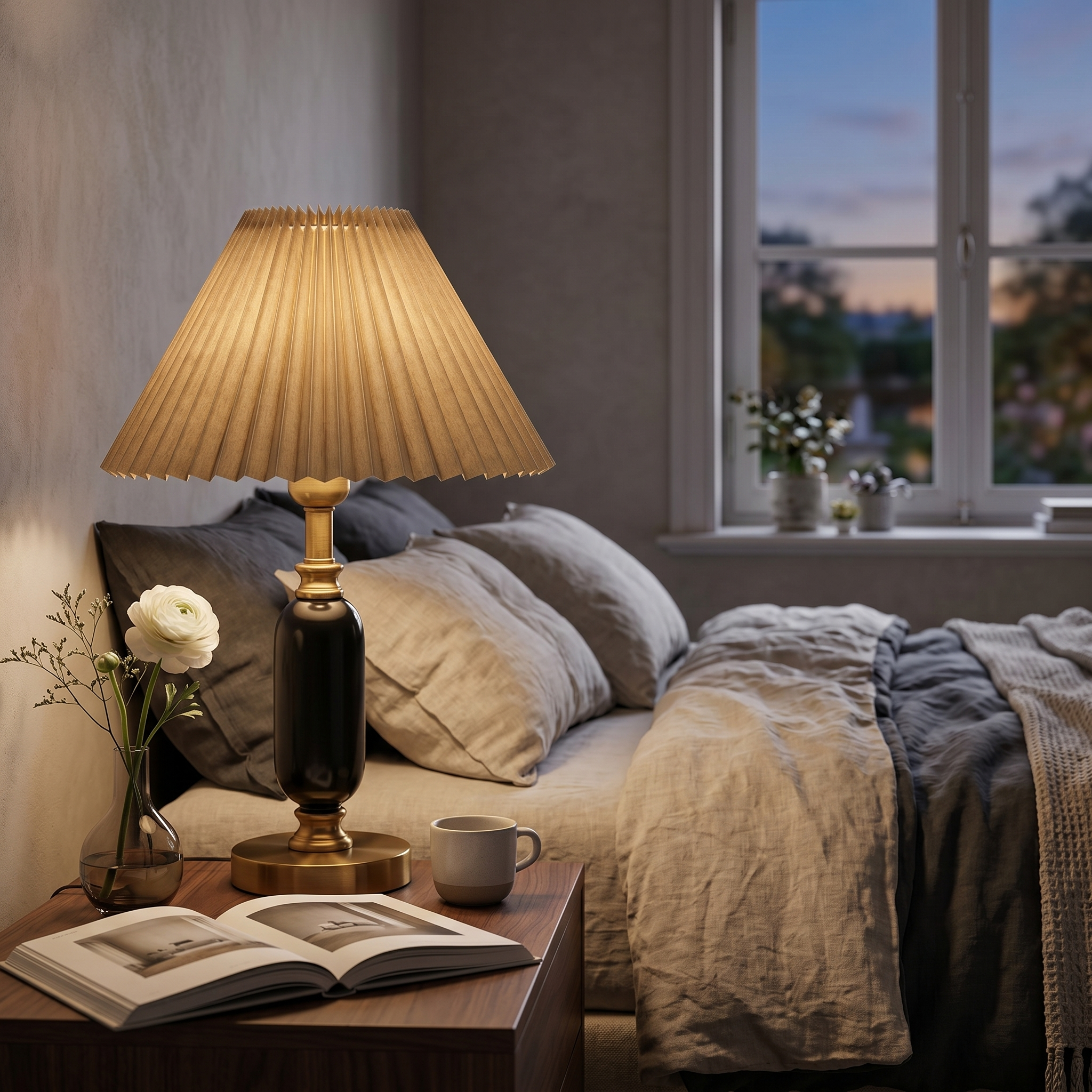 Khaki Camelia lamp glowing on a bedside table