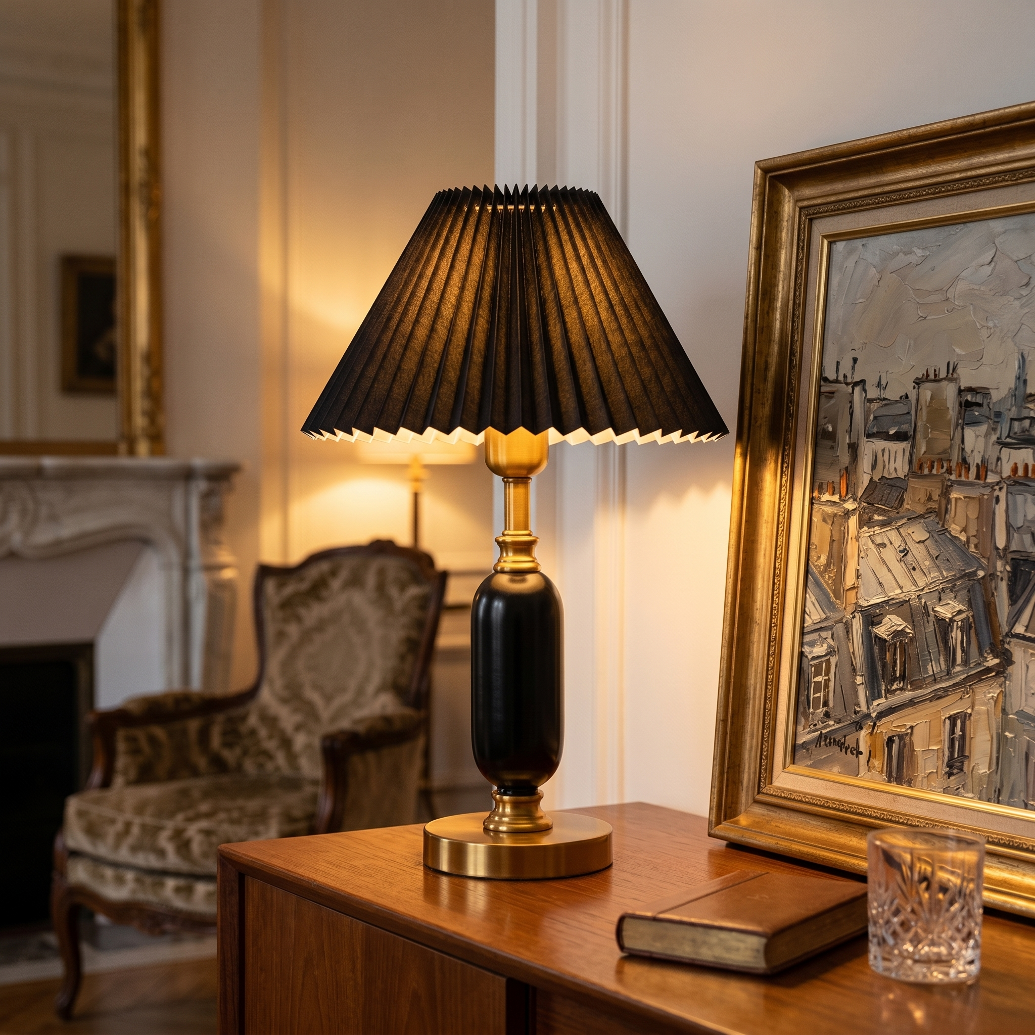 Black Camelia lamp glowing on a living room sideboard