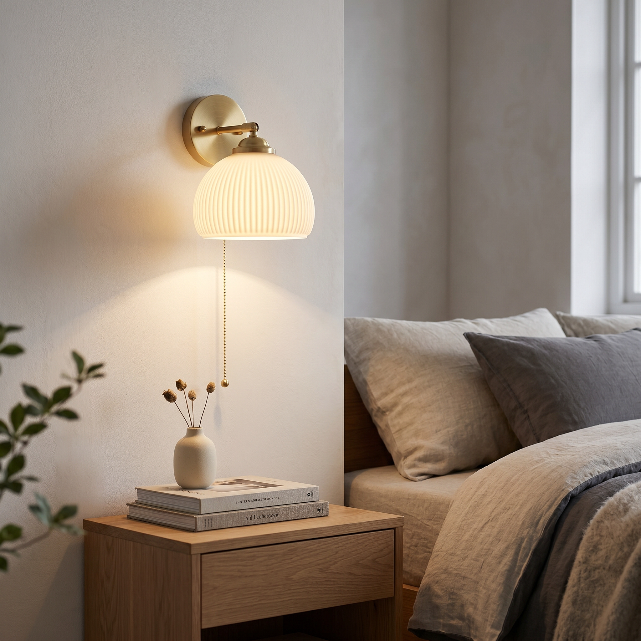 Ribbed dome Giglio sconce glowing above a bedroom nightstand