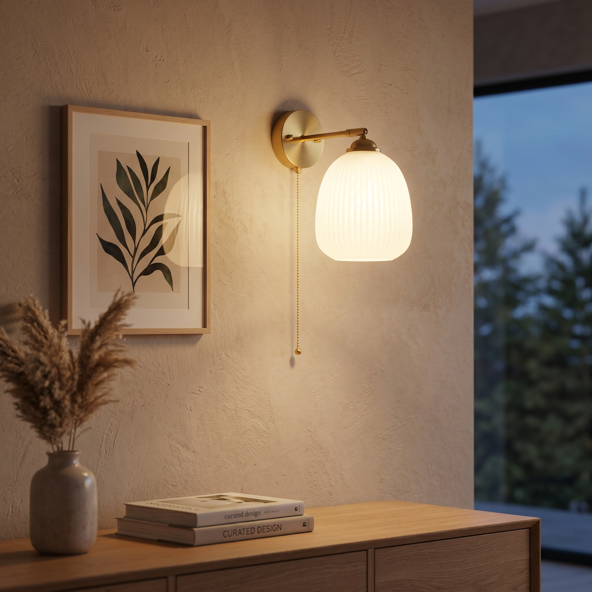 Fluted bell Giglio sconce glowing in a living room