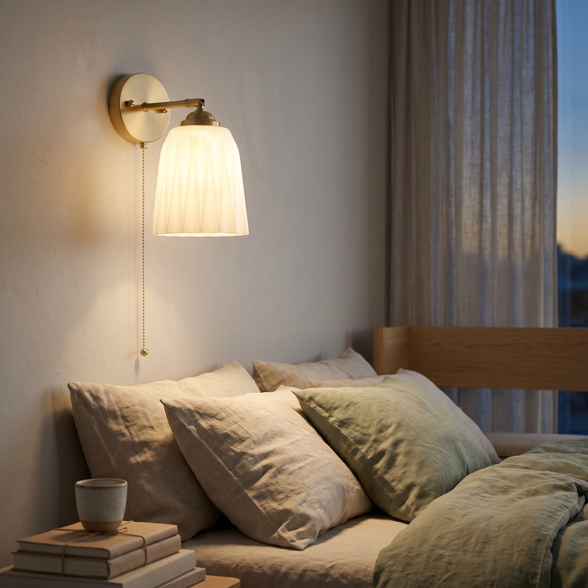 Tulip Giglio sconce glowing as a bedside reading light