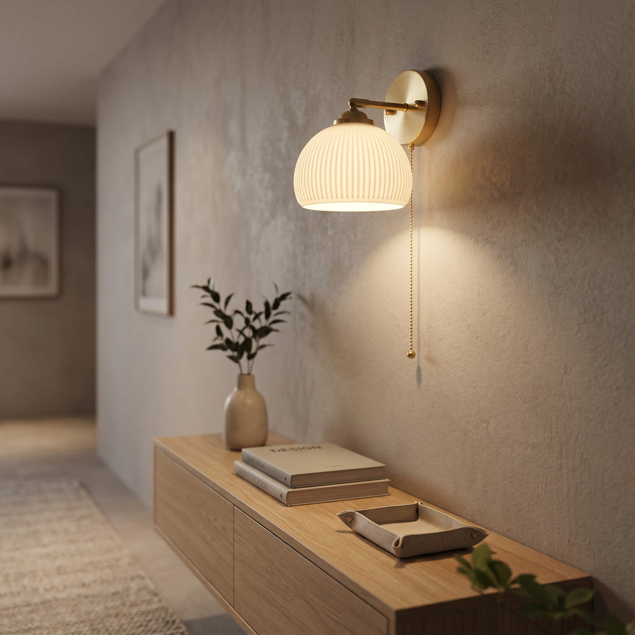Ribbed dome Giglio sconce glowing above a hallway console