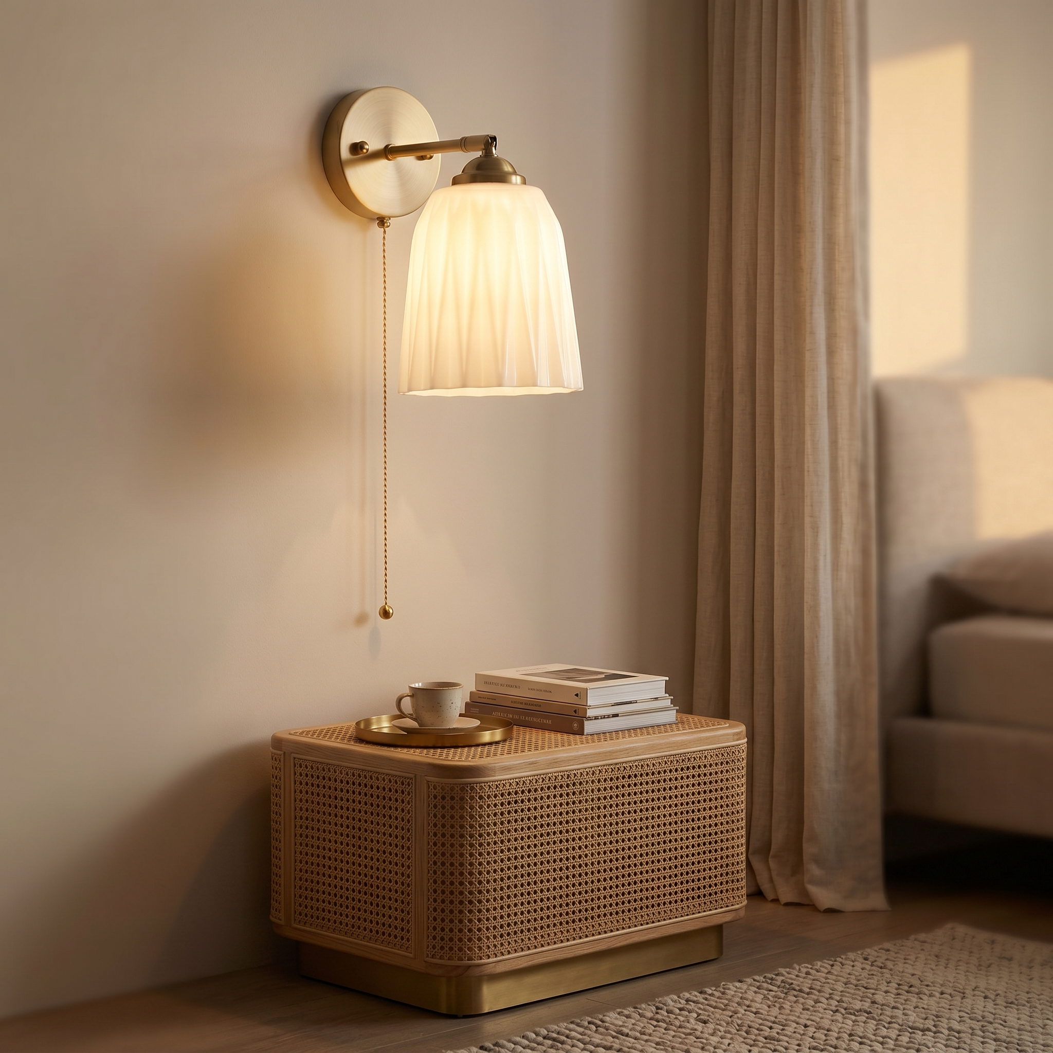 Tulip Giglio sconce glowing above a rattan nightstand