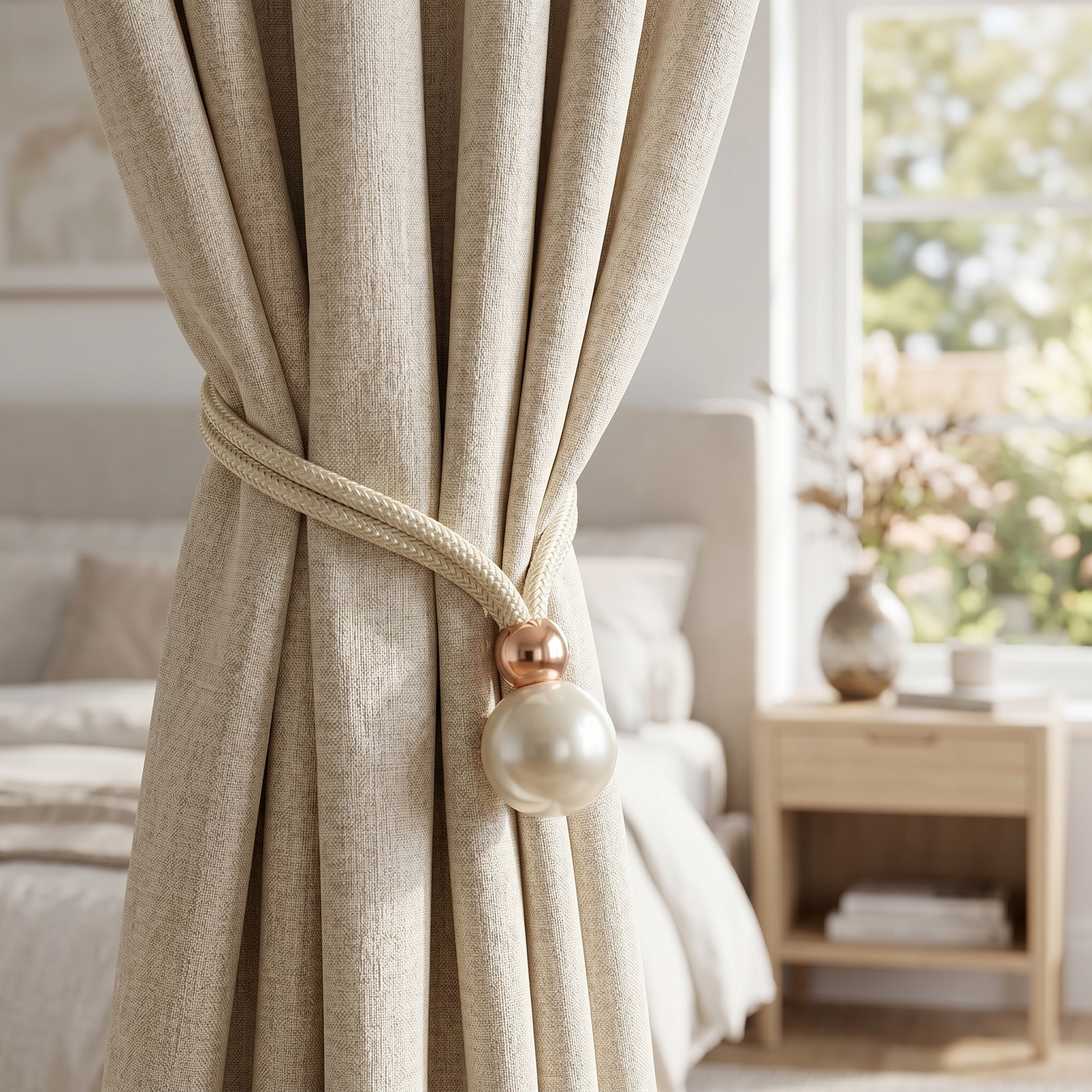 Cream Perlina tieback gathering a linen bedroom curtain