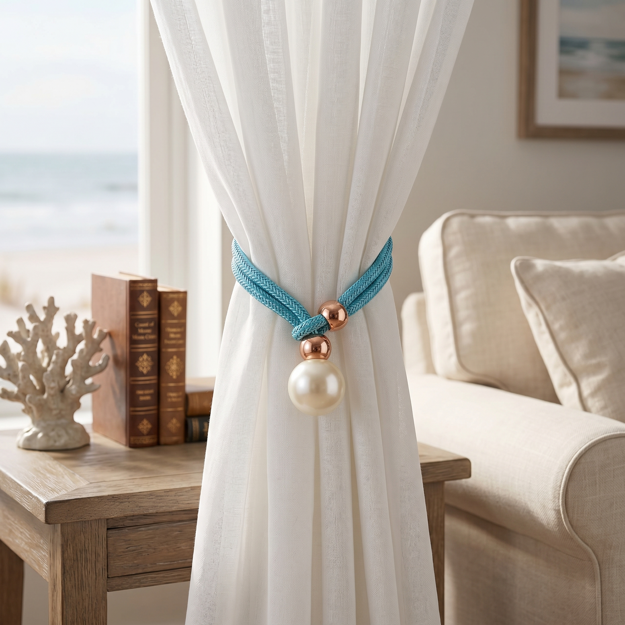 Ocean blue Perlina tieback gathering a white sheer curtain