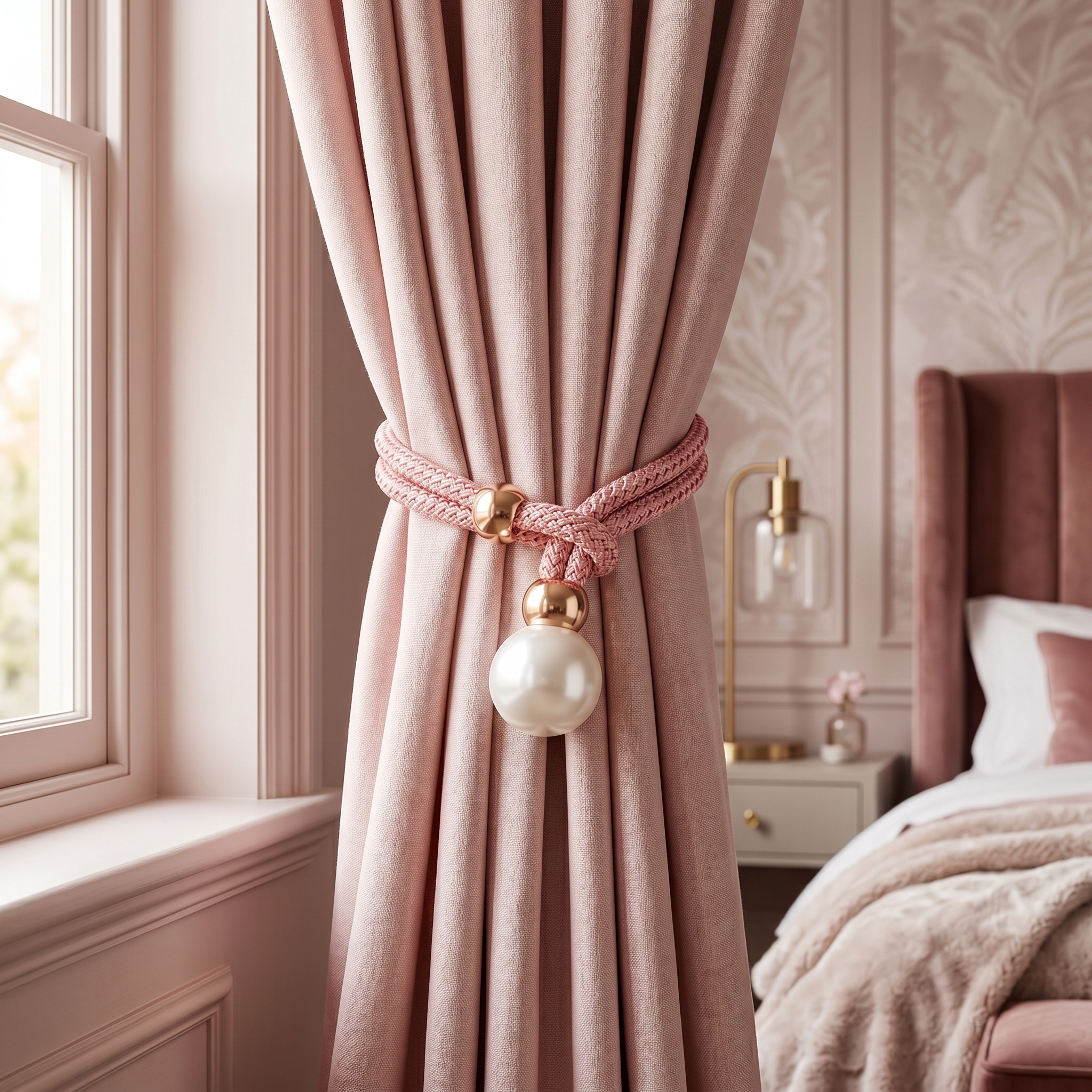 Pink Perlina tieback gathering a soft bedroom curtain