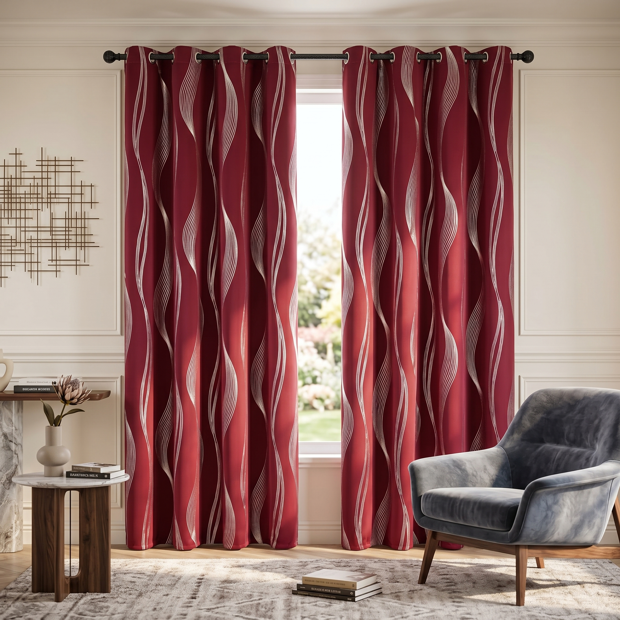 Crimson Onda wave curtains in a living room