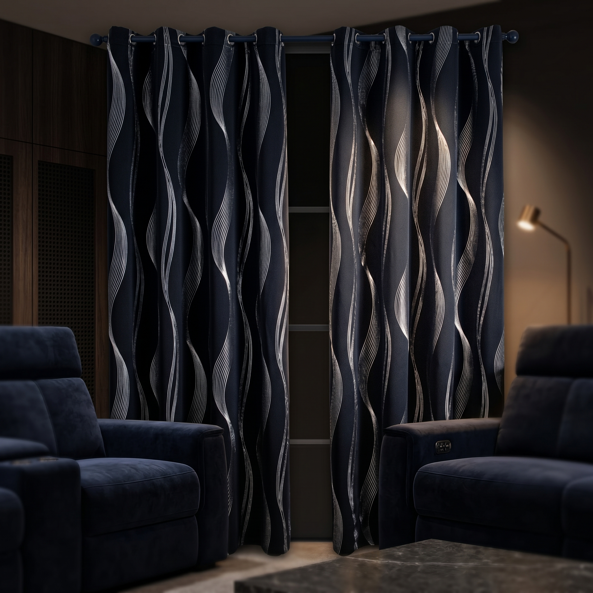 Midnight Onda wave curtains in a media room