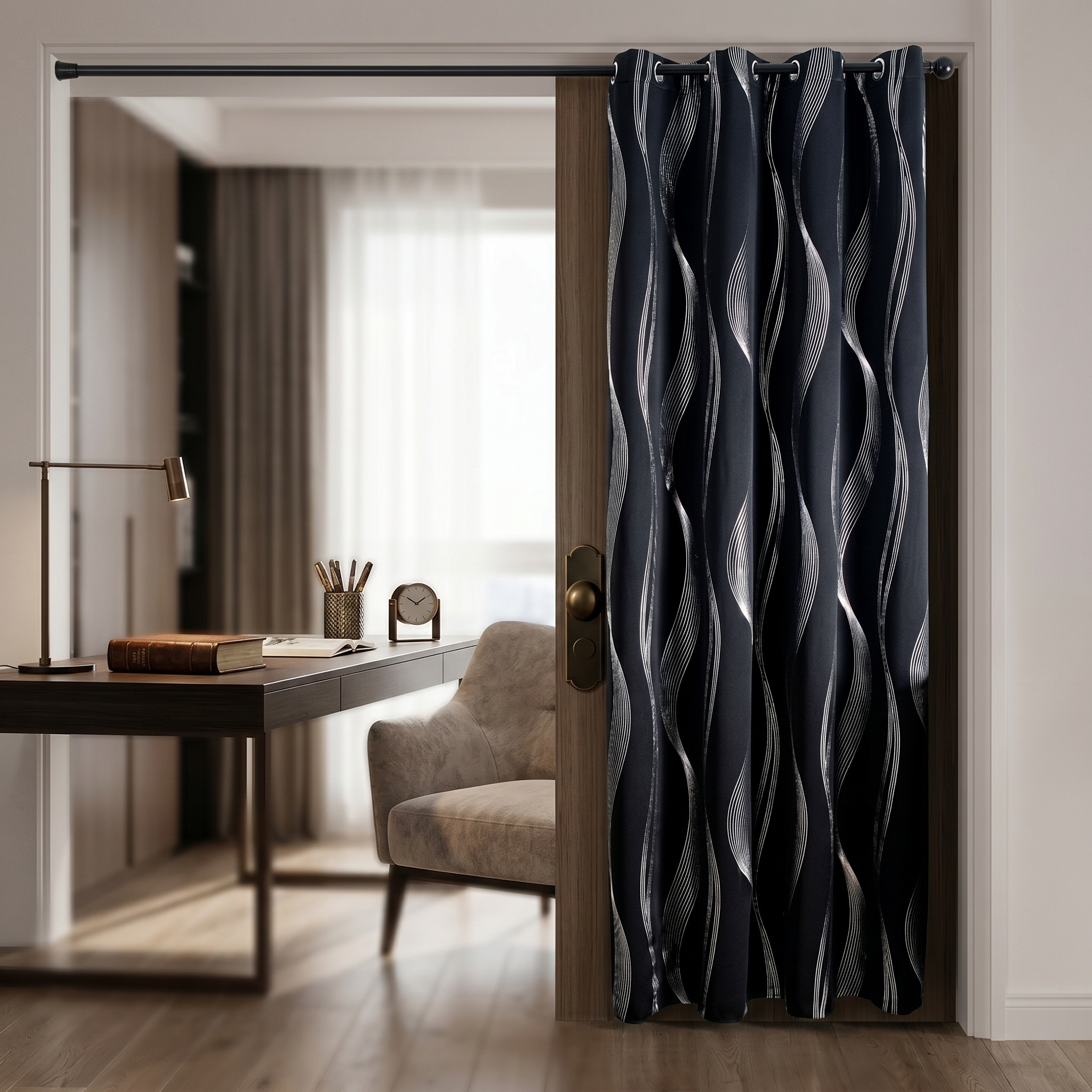 Midnight Onda wave curtain at a study doorway