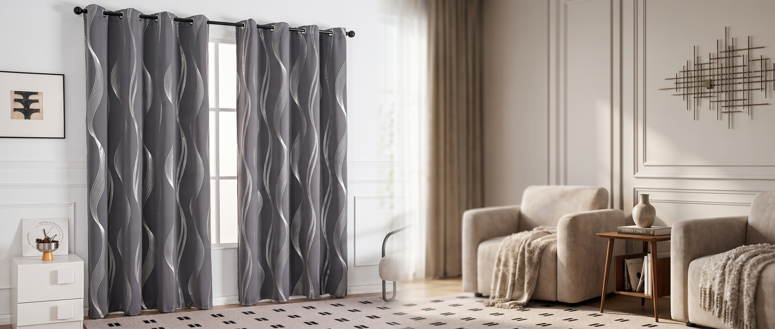Onda wave blackout curtains in a sunlit living room banner