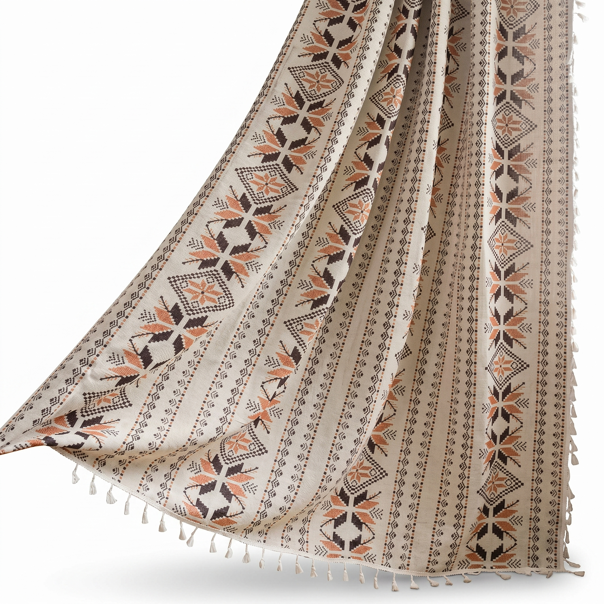 Cortona Bohemian Geometric Curtain draped detail on white