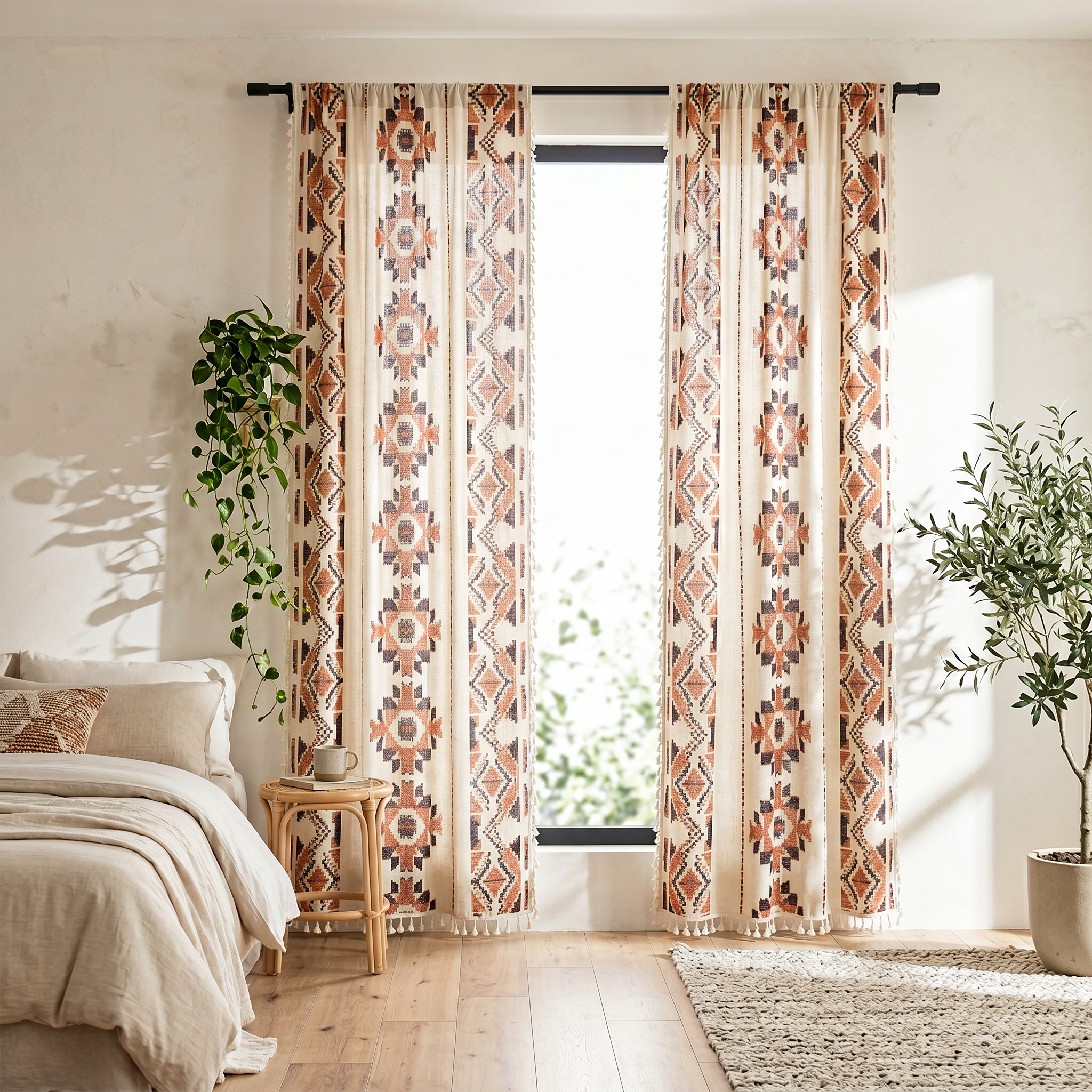 Siena Bohemian Tassel Curtain in bright bedroom