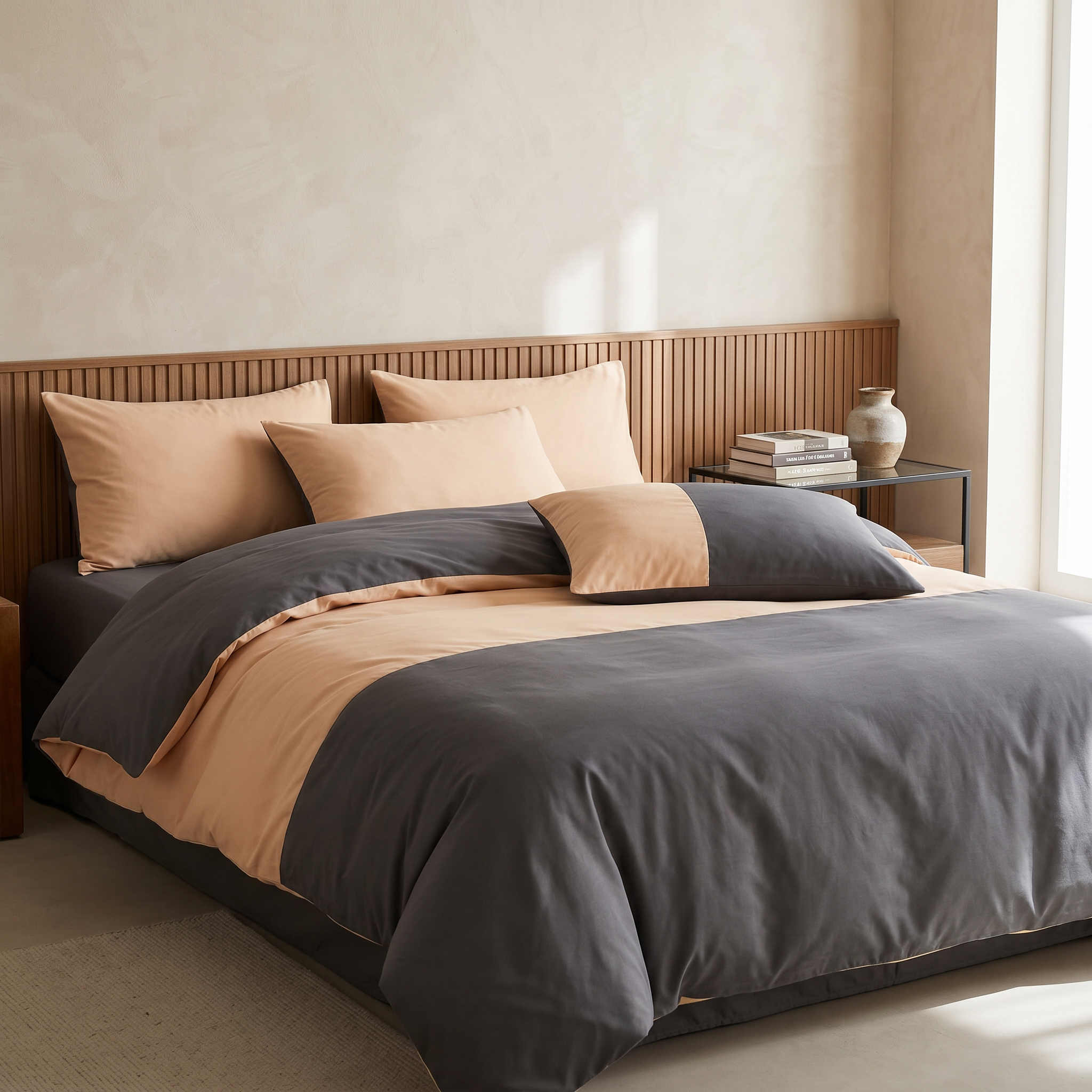 Nuvola Reversible Cotton Duvet Set Charcoal Beige bedroom