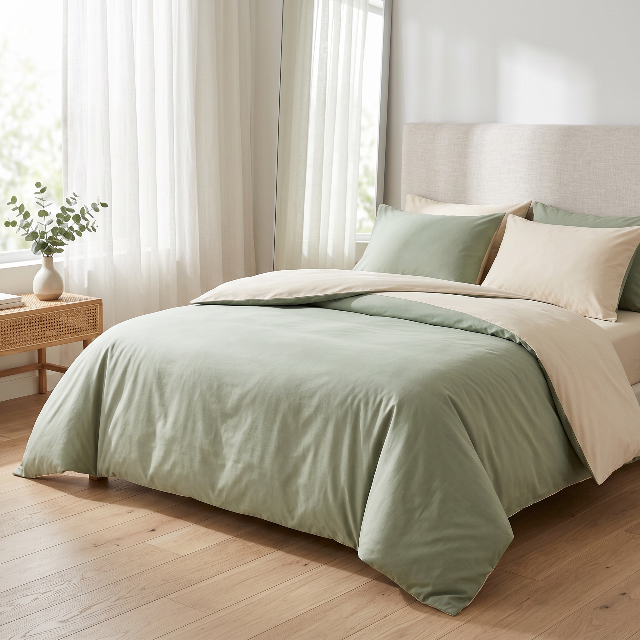 Nuvola Reversible Cotton Duvet Set Sage Sand bedroom