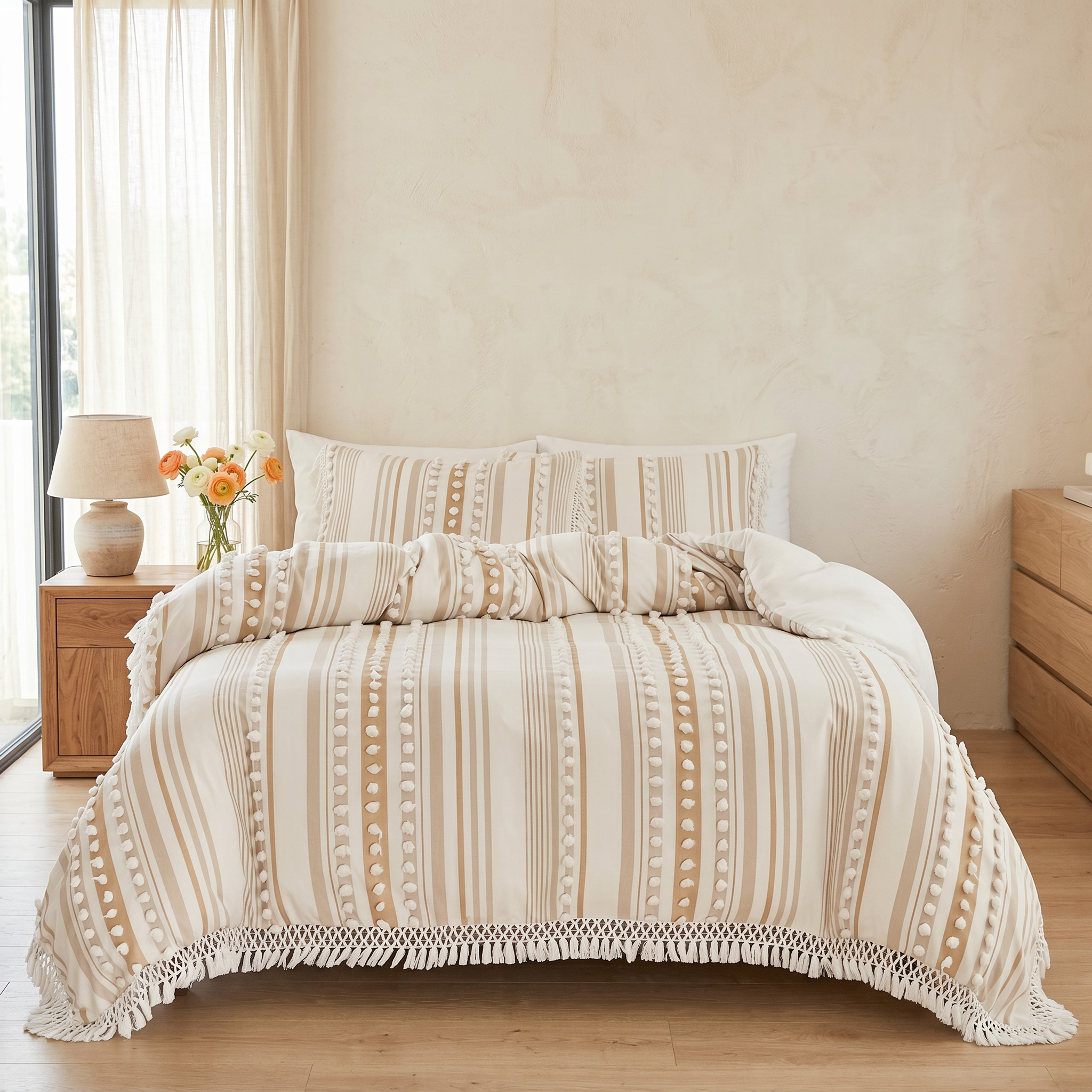 Riviera Tufted Stripe Duvet Set Khaki bedroom