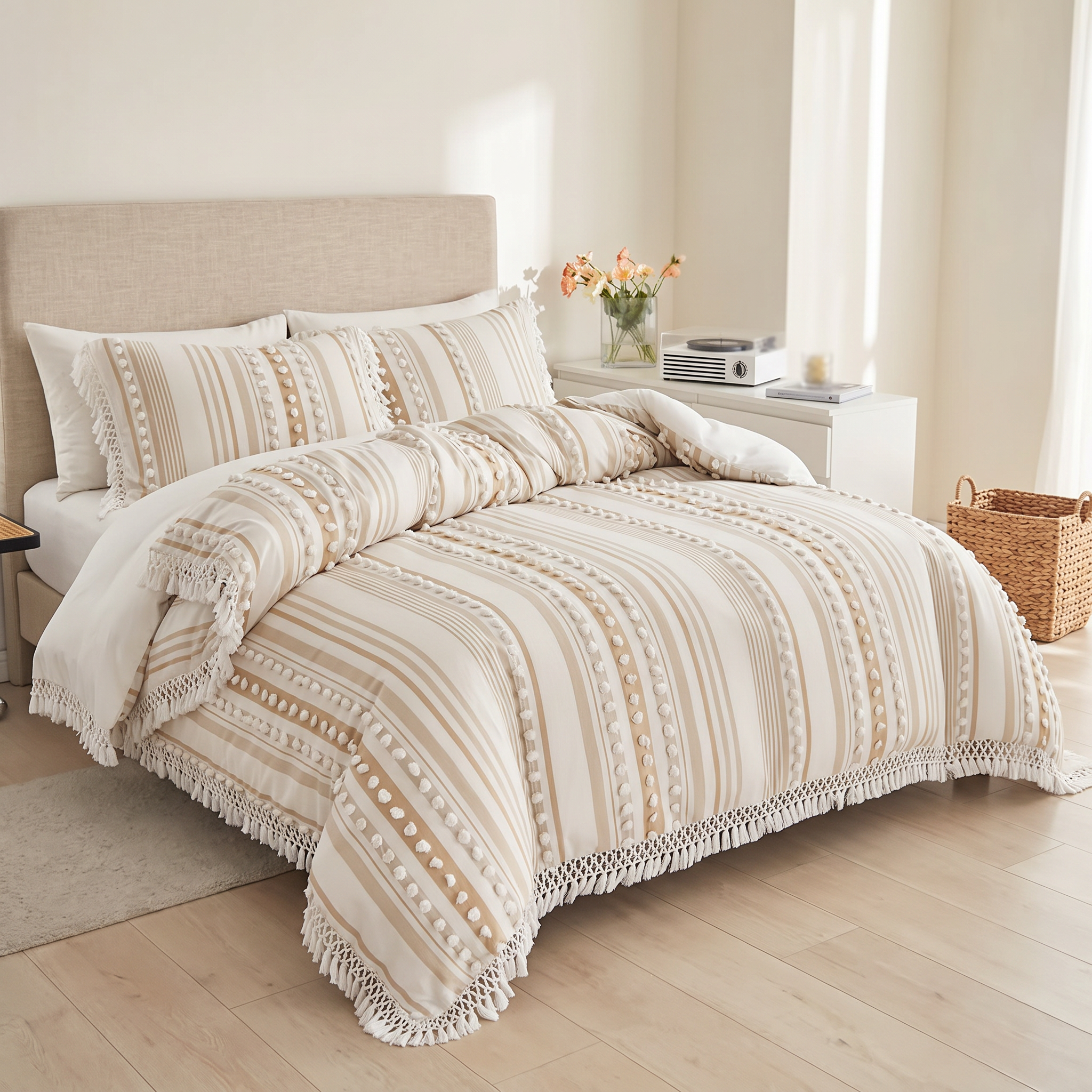 Riviera Tufted Stripe Duvet Set Khaki sunlit bedroom