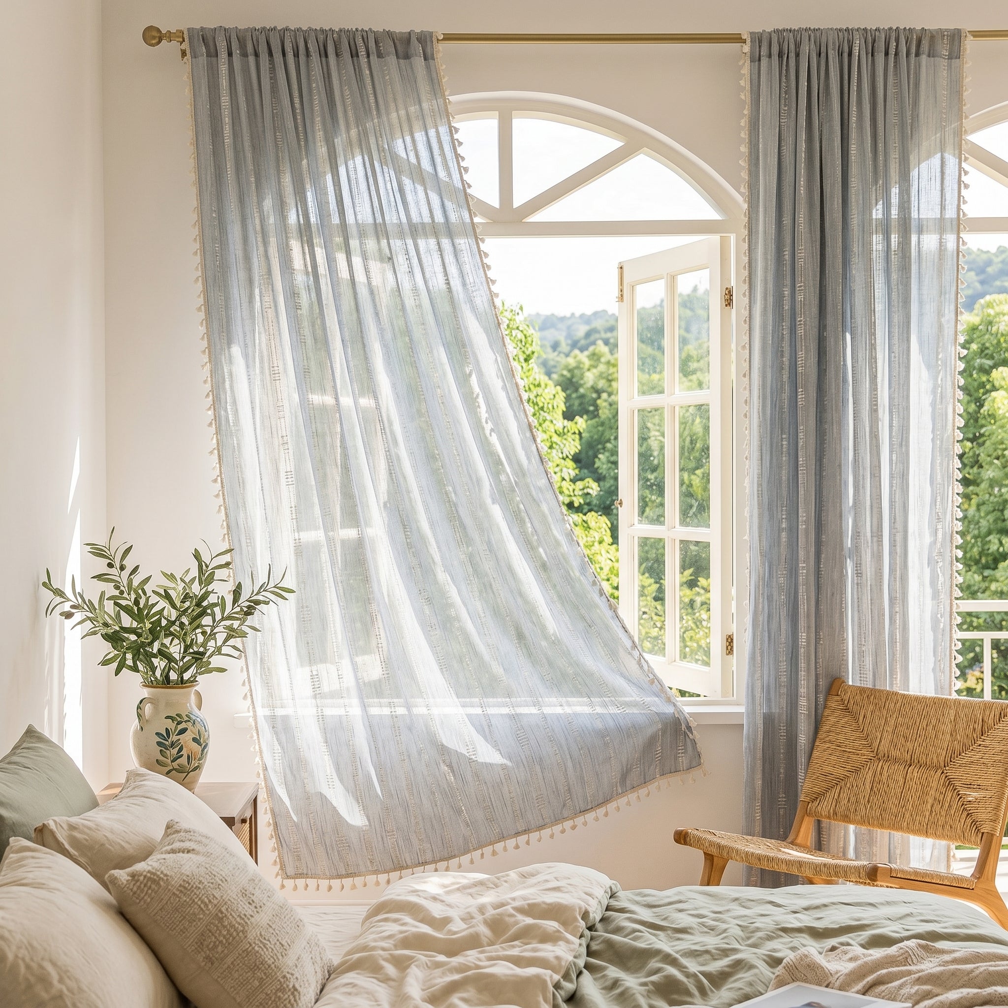 Brezza Sheer Tassel Curtain Gray Blue bedroom window