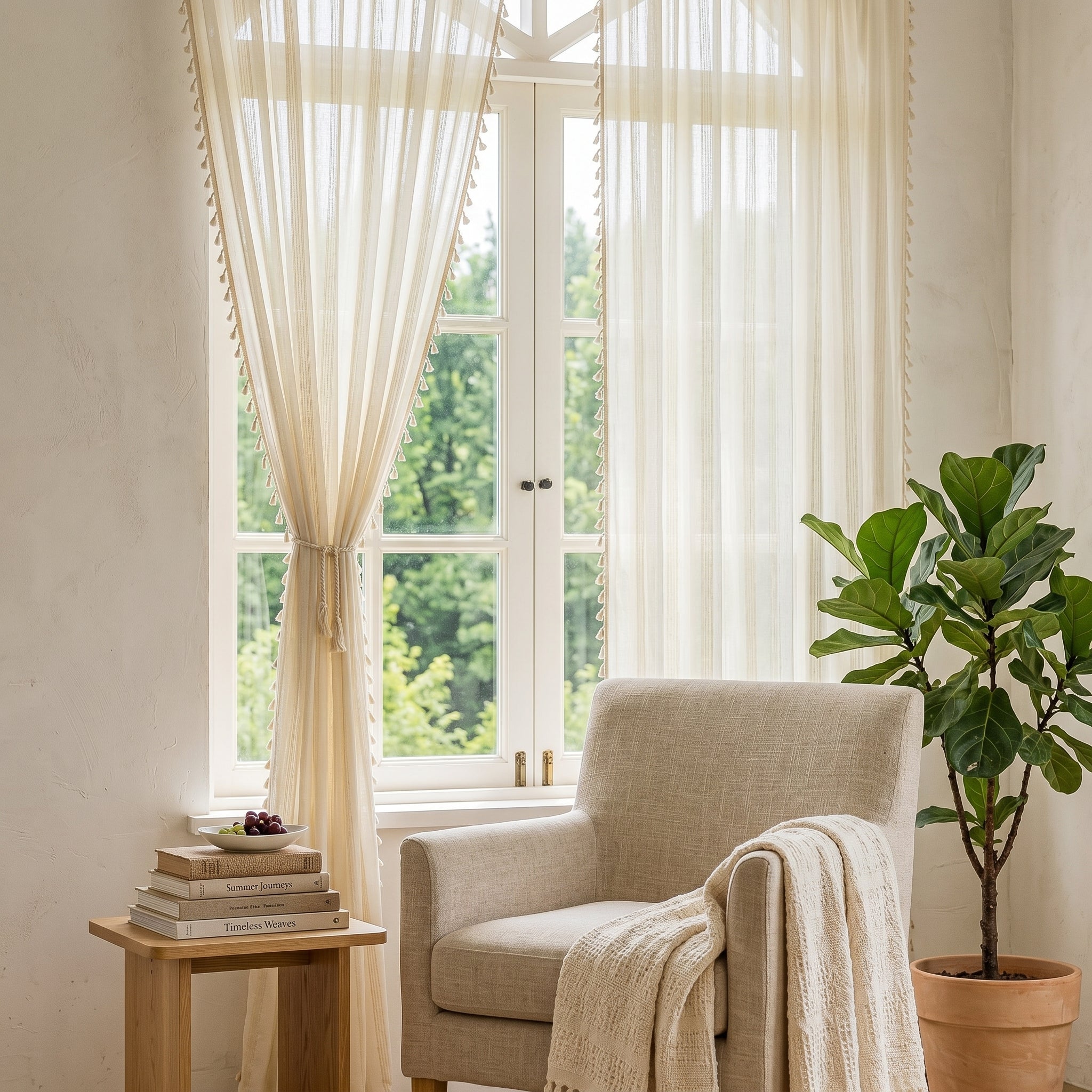 Brezza Sheer Tassel Curtain Beige reading nook