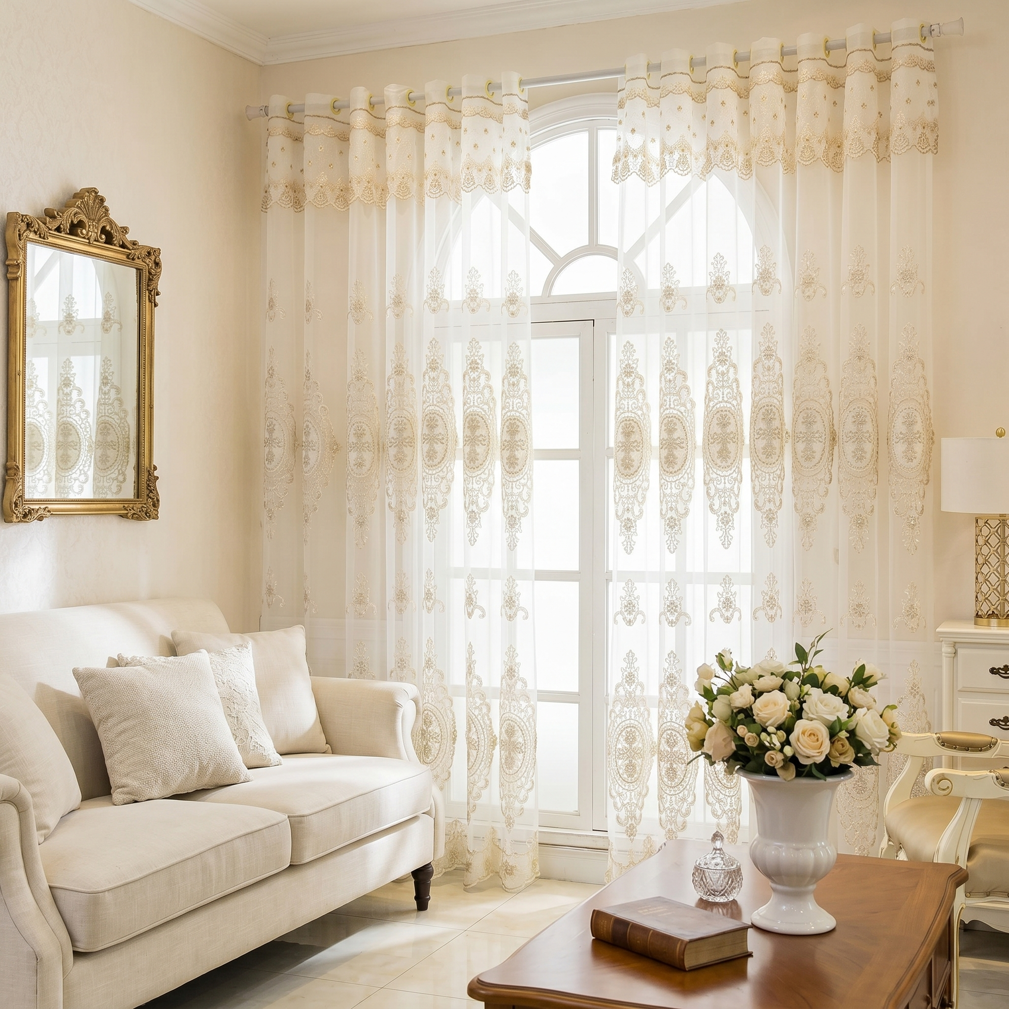 Serafina Embroidered Sheer Lace Curtain in living room