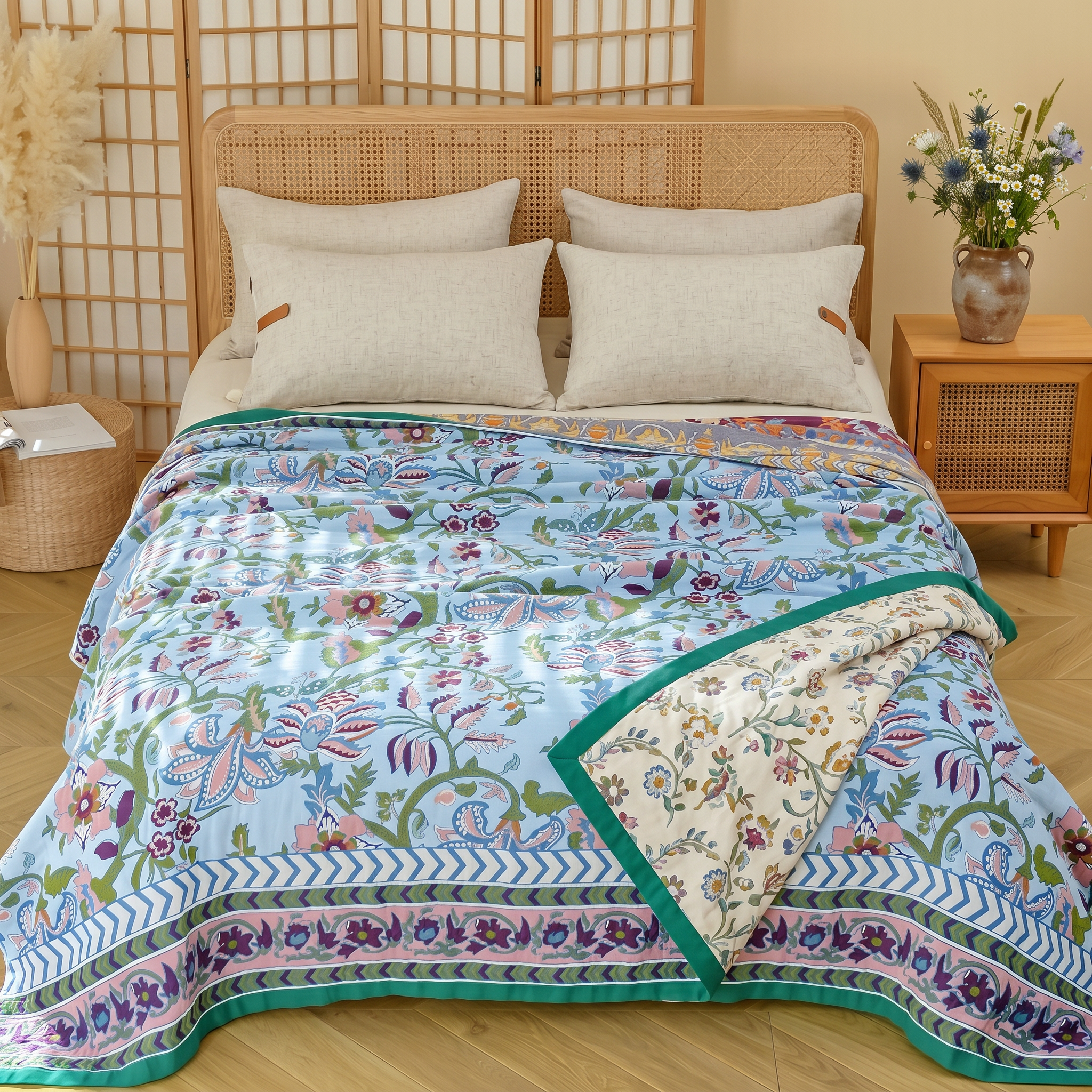 Primavera Floral Reversible Cotton Blanket Blue Blossom on bed