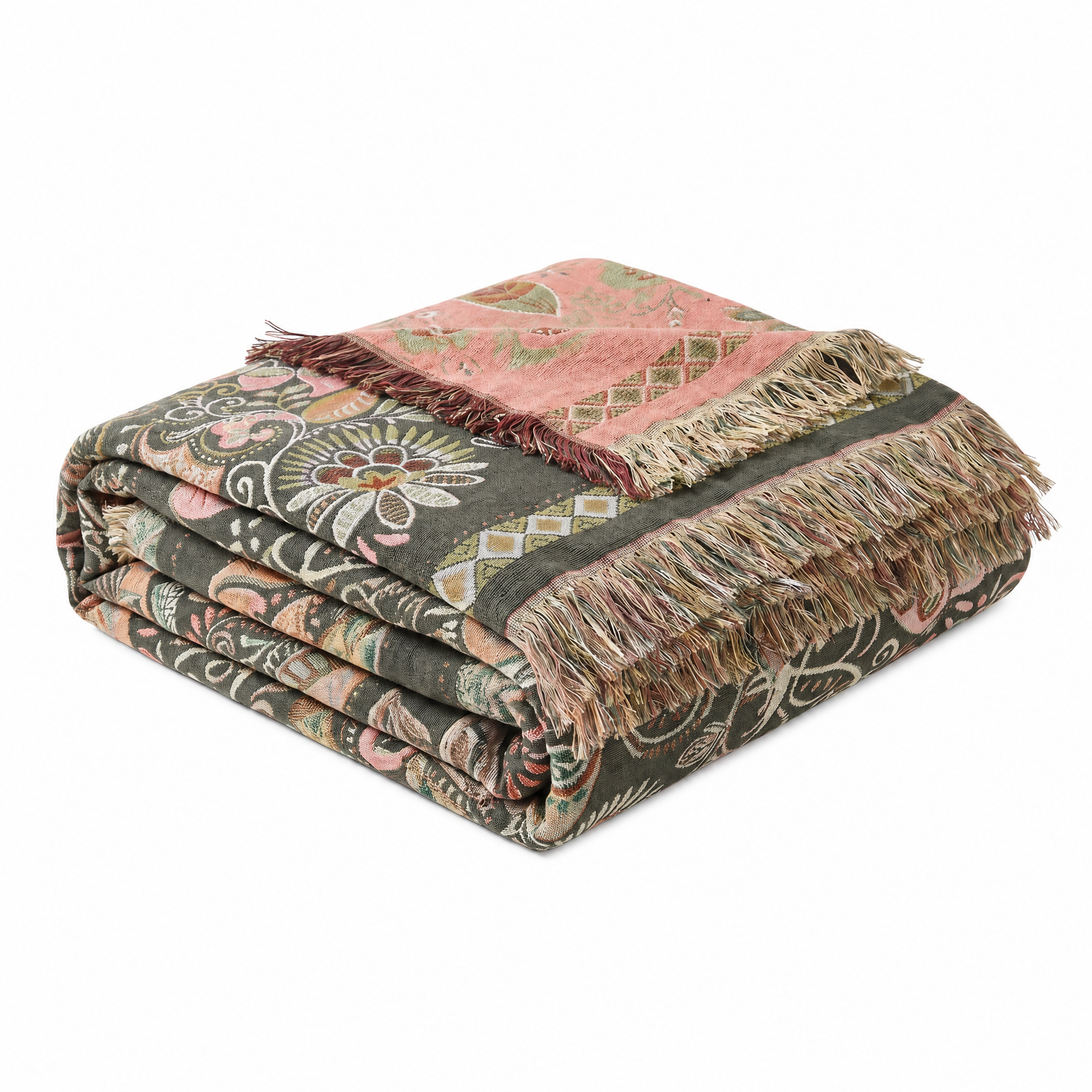 Edera Boho Floral Throw Blanket Midnight Leaf folded