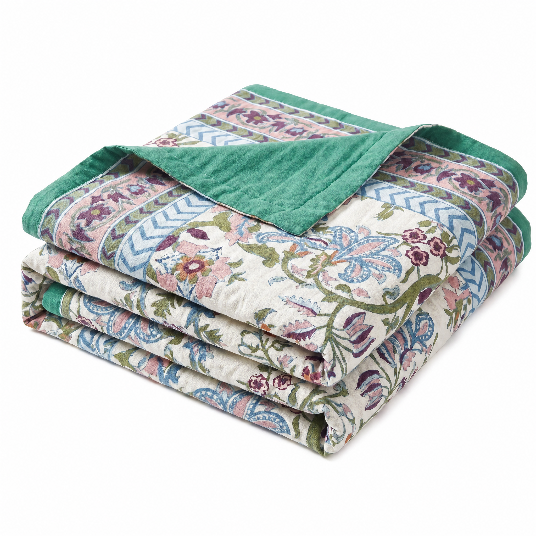 Primavera Floral Reversible Cotton Blanket White Bloom folded