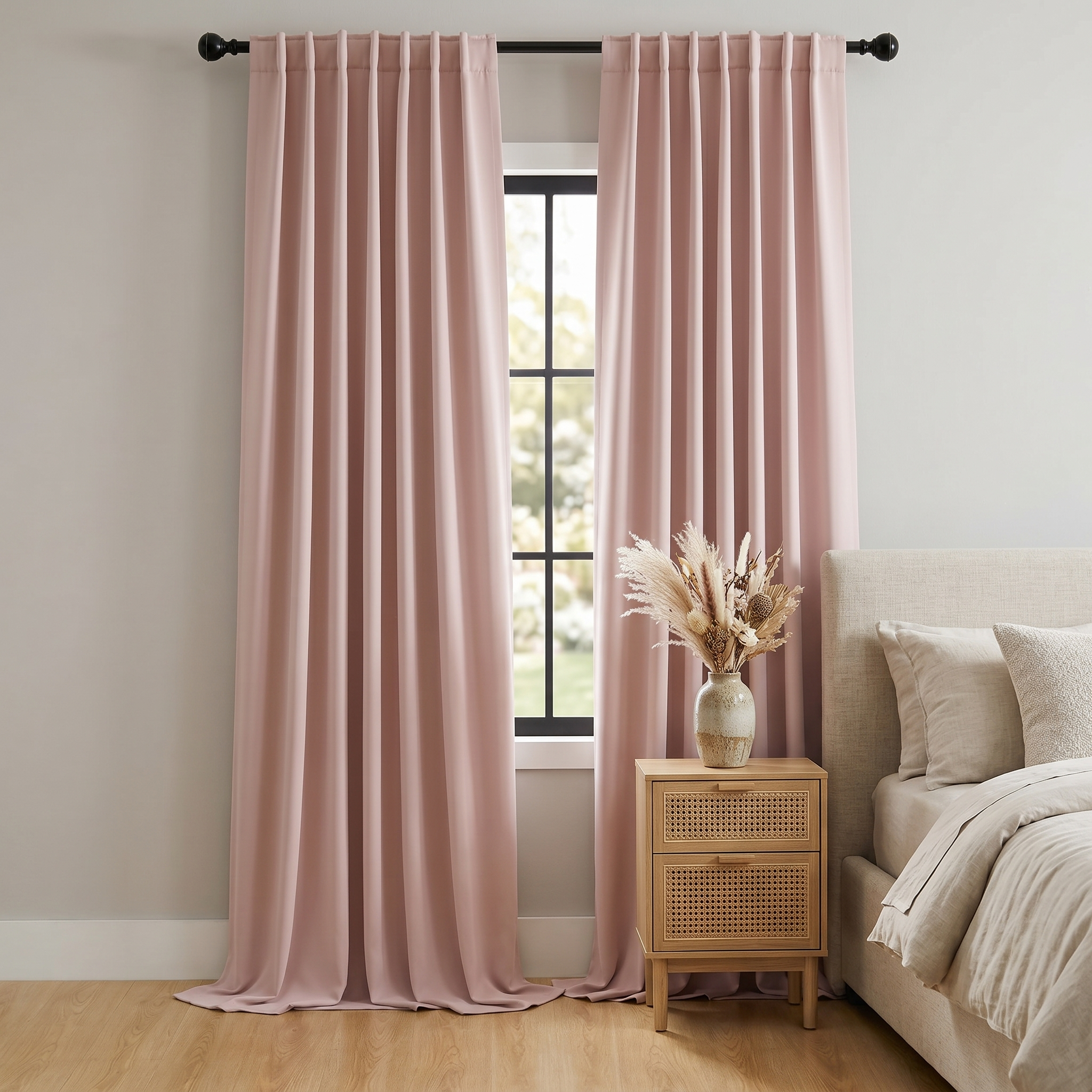 Blush Pink thermal blackout curtains in a serene bedroom