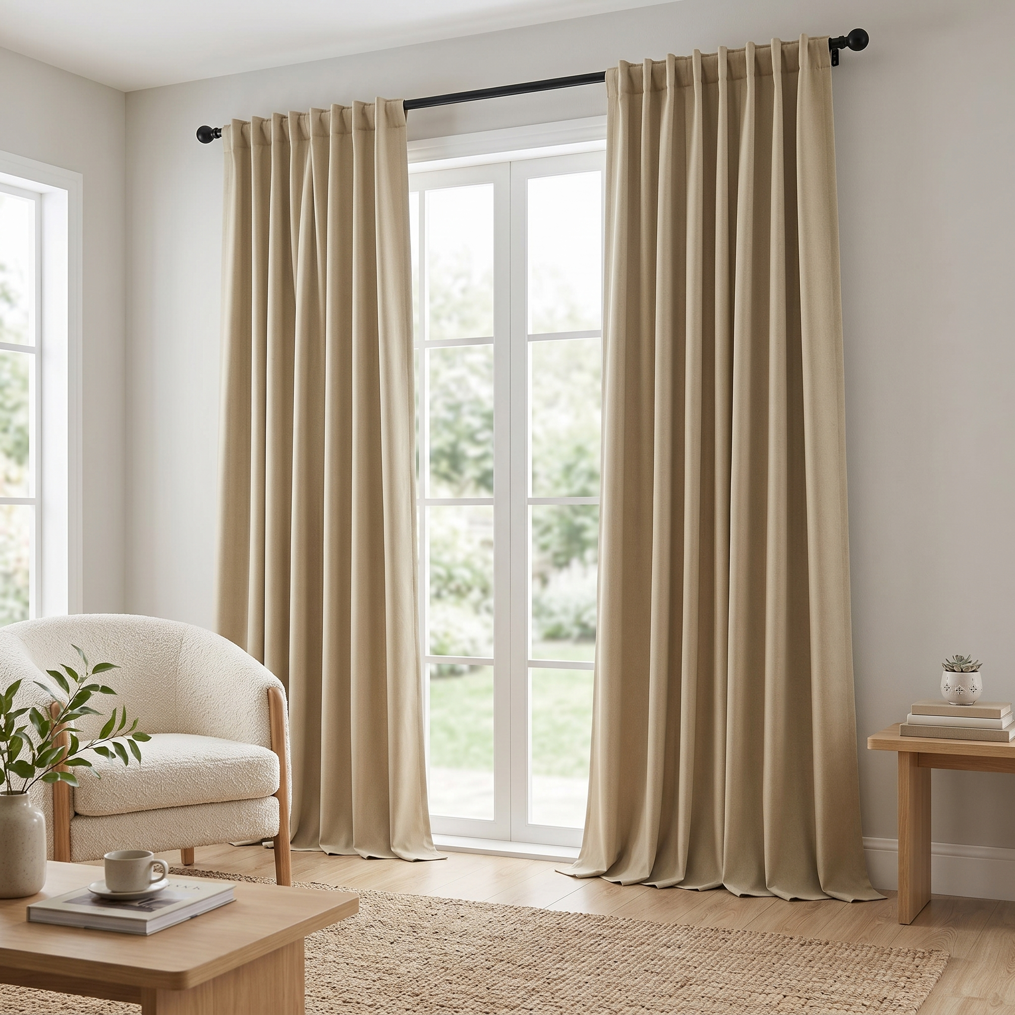 Beige thermal blackout curtains in a Scandinavian living room