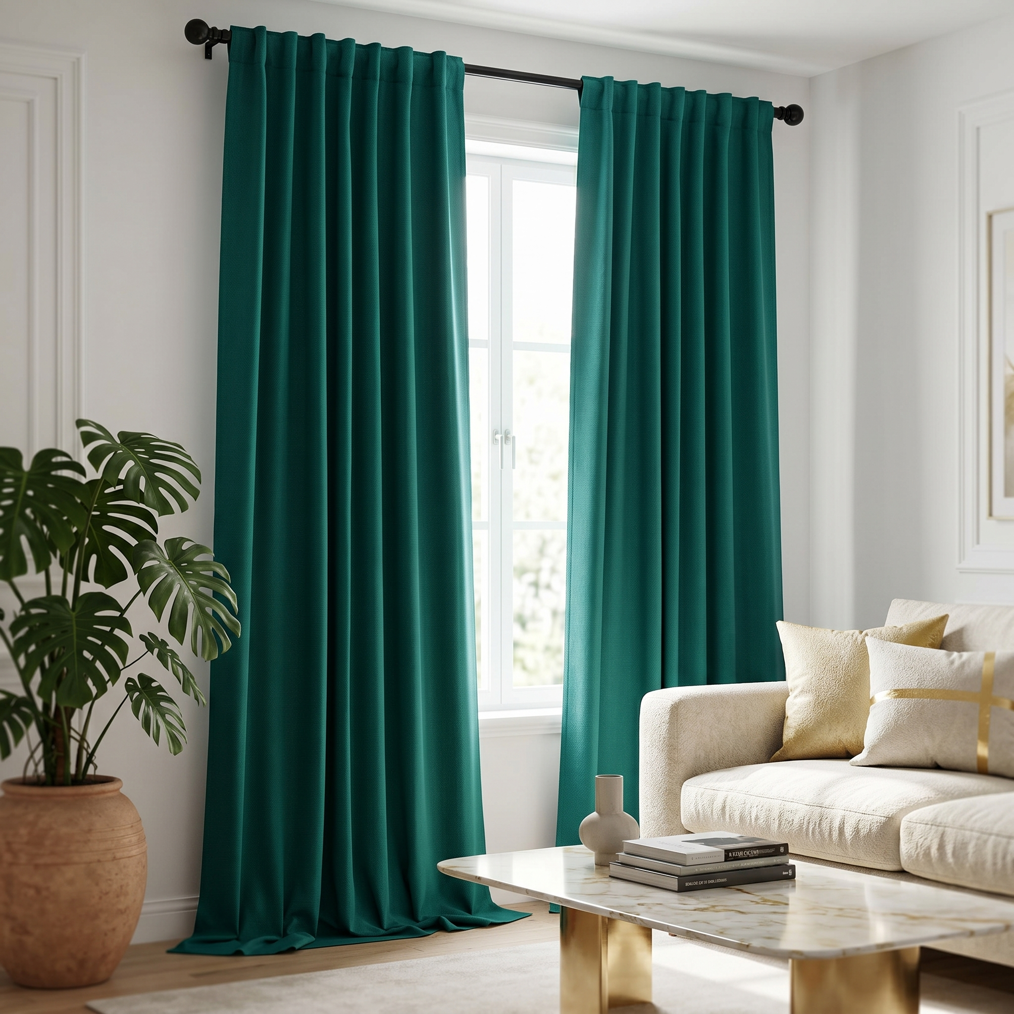 Teal Green thermal blackout curtains in a modern living room