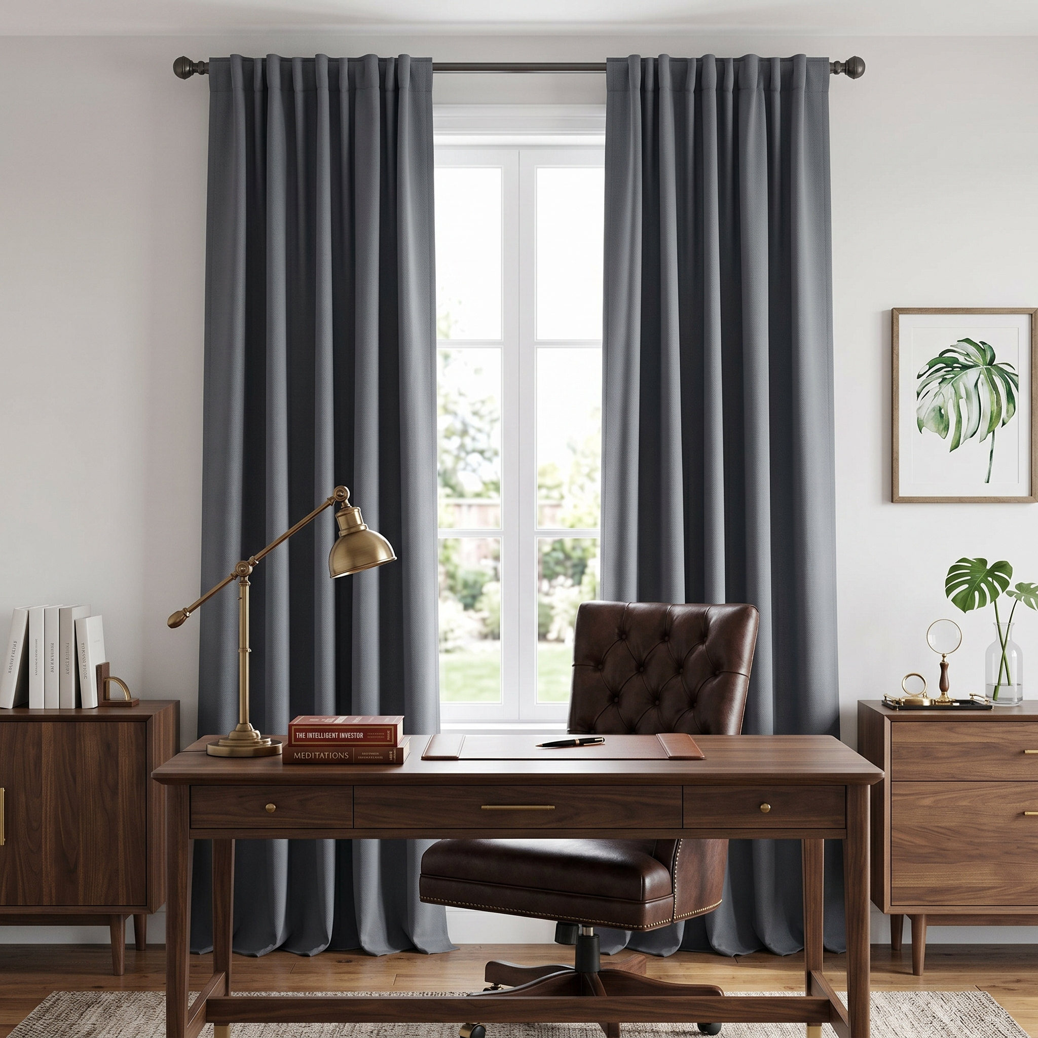 Dark Grey thermal blackout curtains in a home office