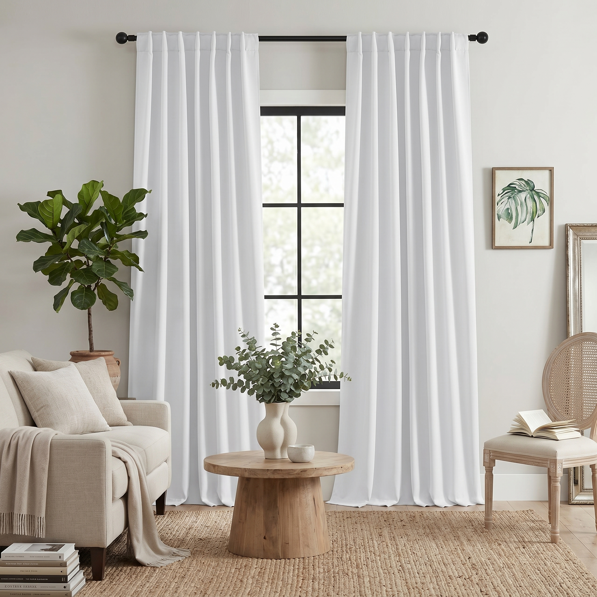 White thermal blackout curtains in a bright airy living room
