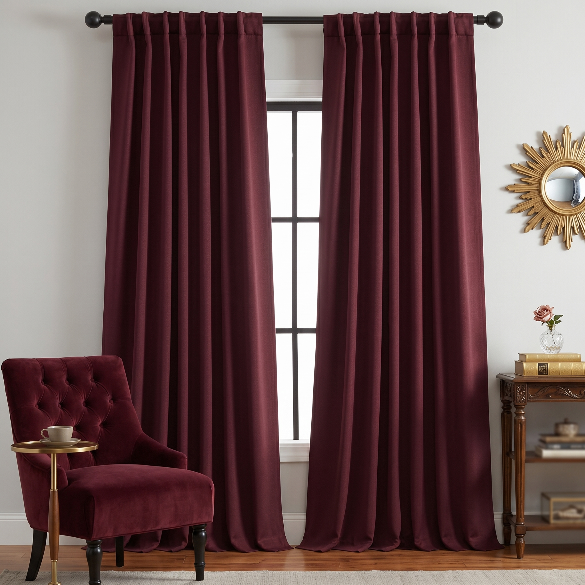 Burgundy thermal blackout curtains in a traditional sitting room