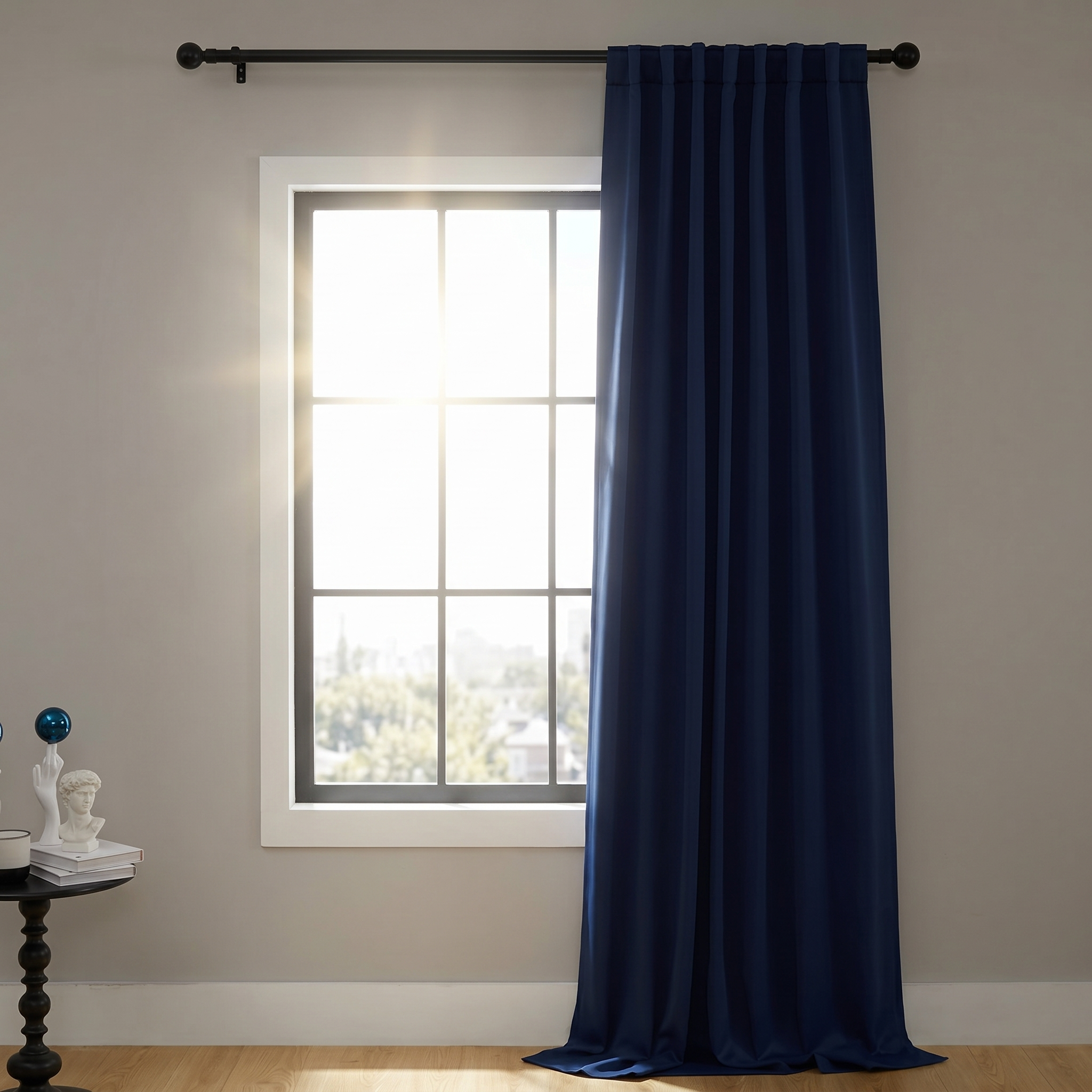Thermal blackout curtain blocking sunlight glare for light control