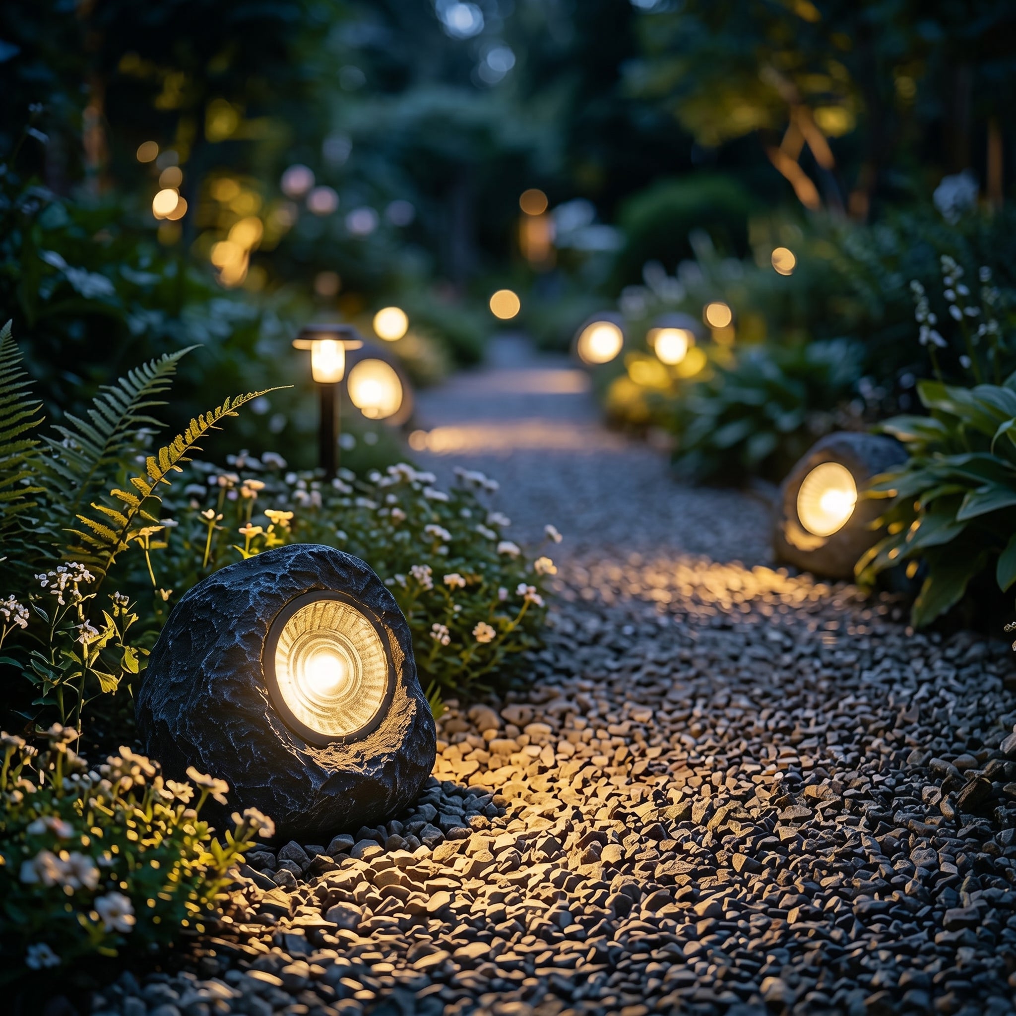 Solar stone lights lining a gravel garden path at twilight