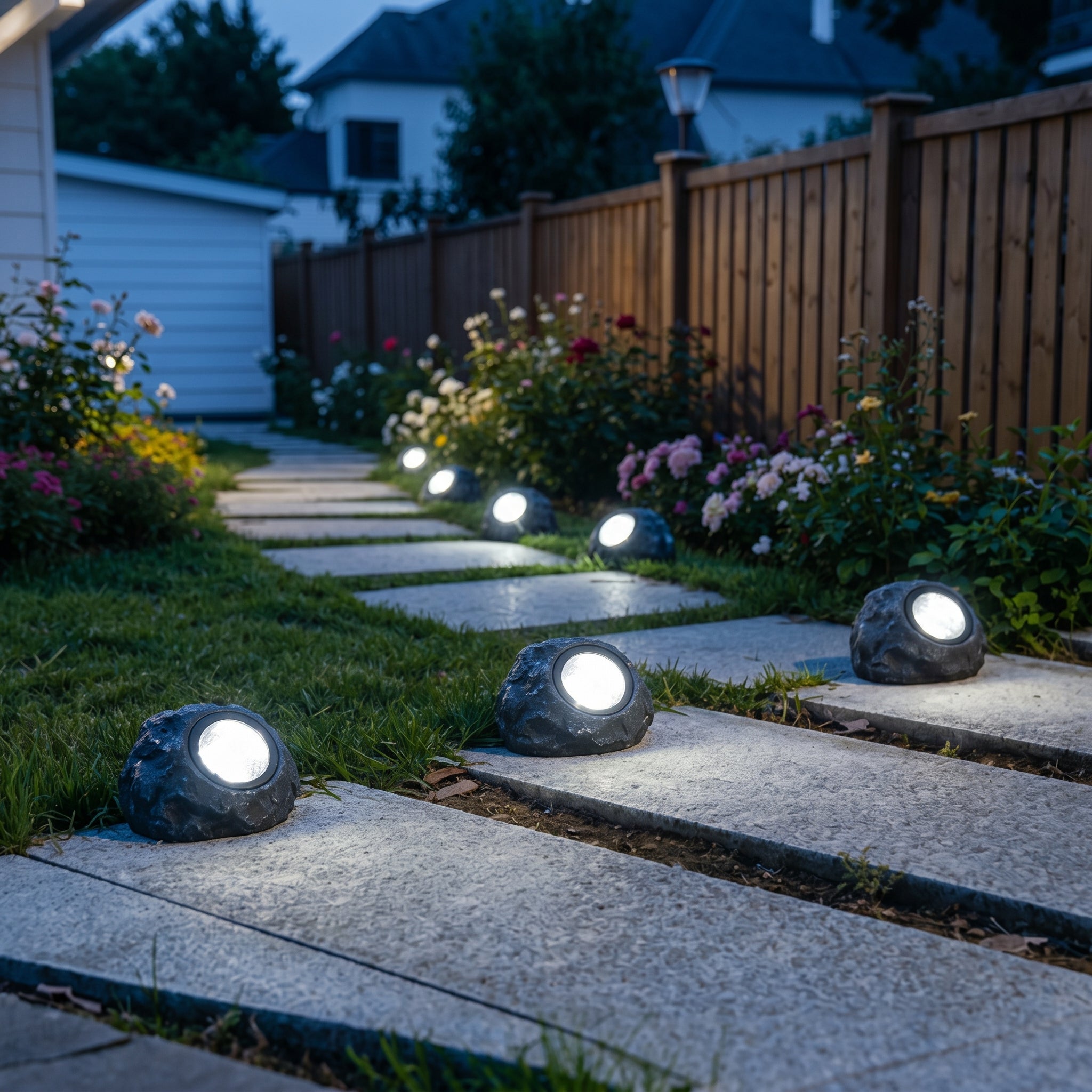 Natural white solar stone lights bordering a paved walkway
