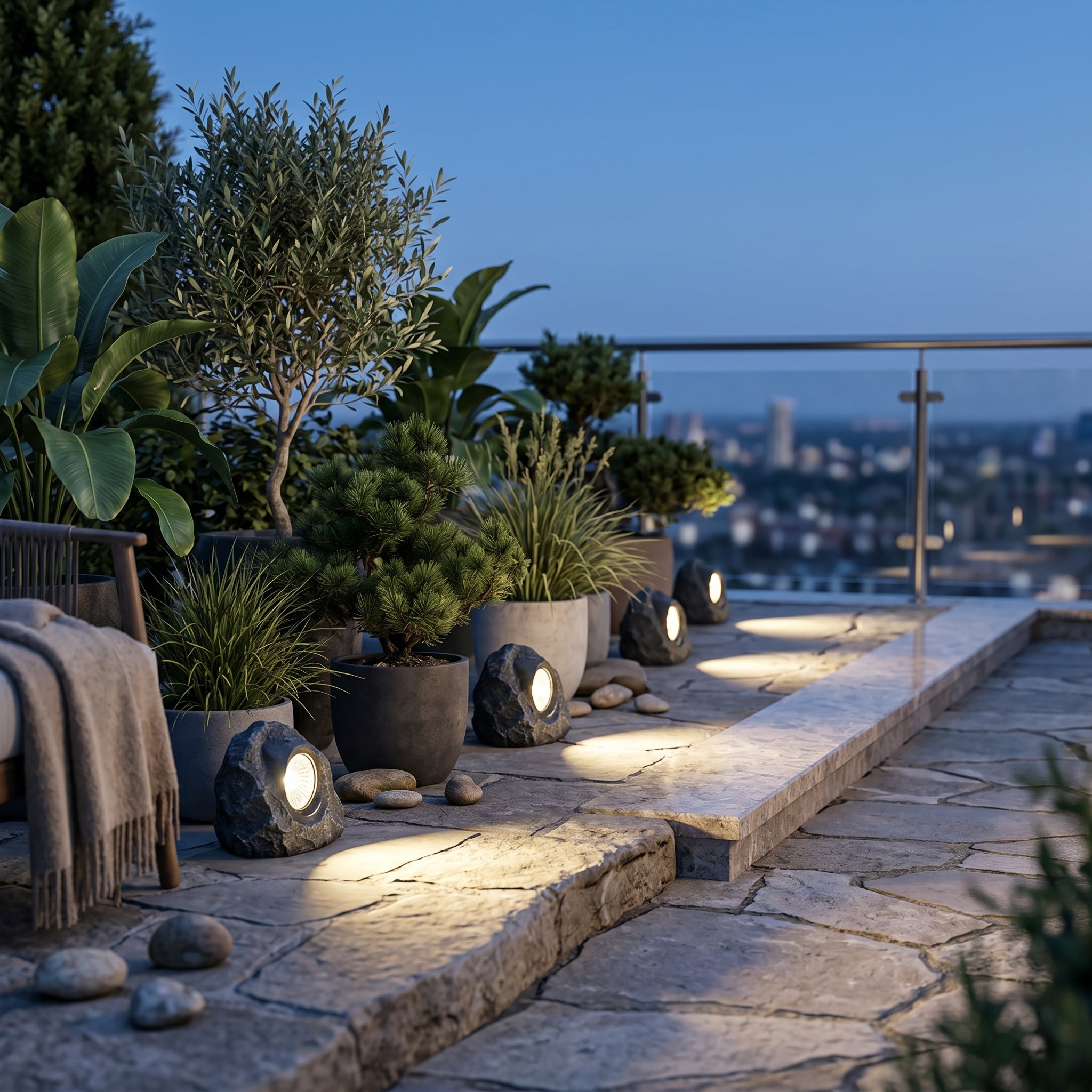 Solar stone lights on a patio terrace at dusk