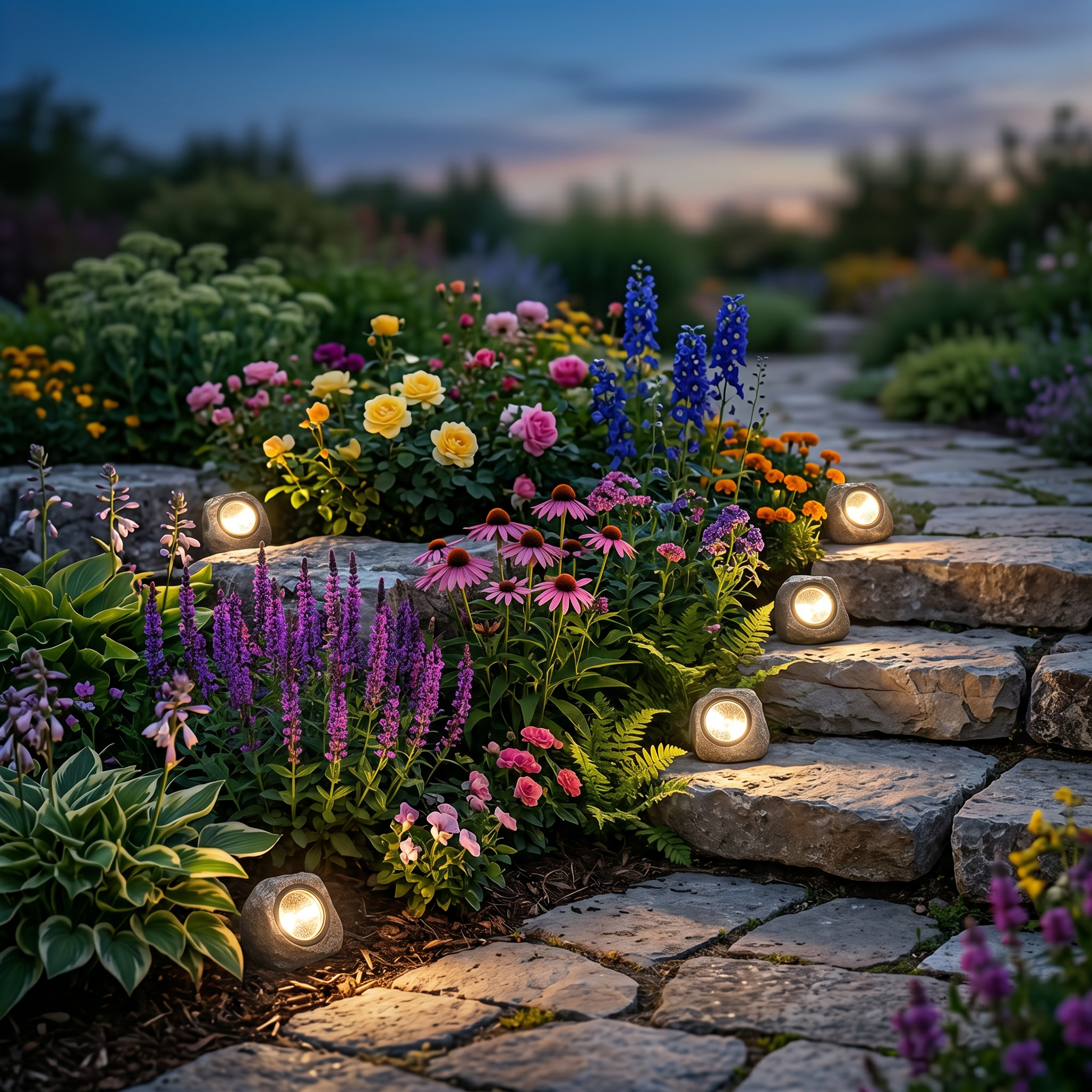 Solar stone lights in a flower border at twilight