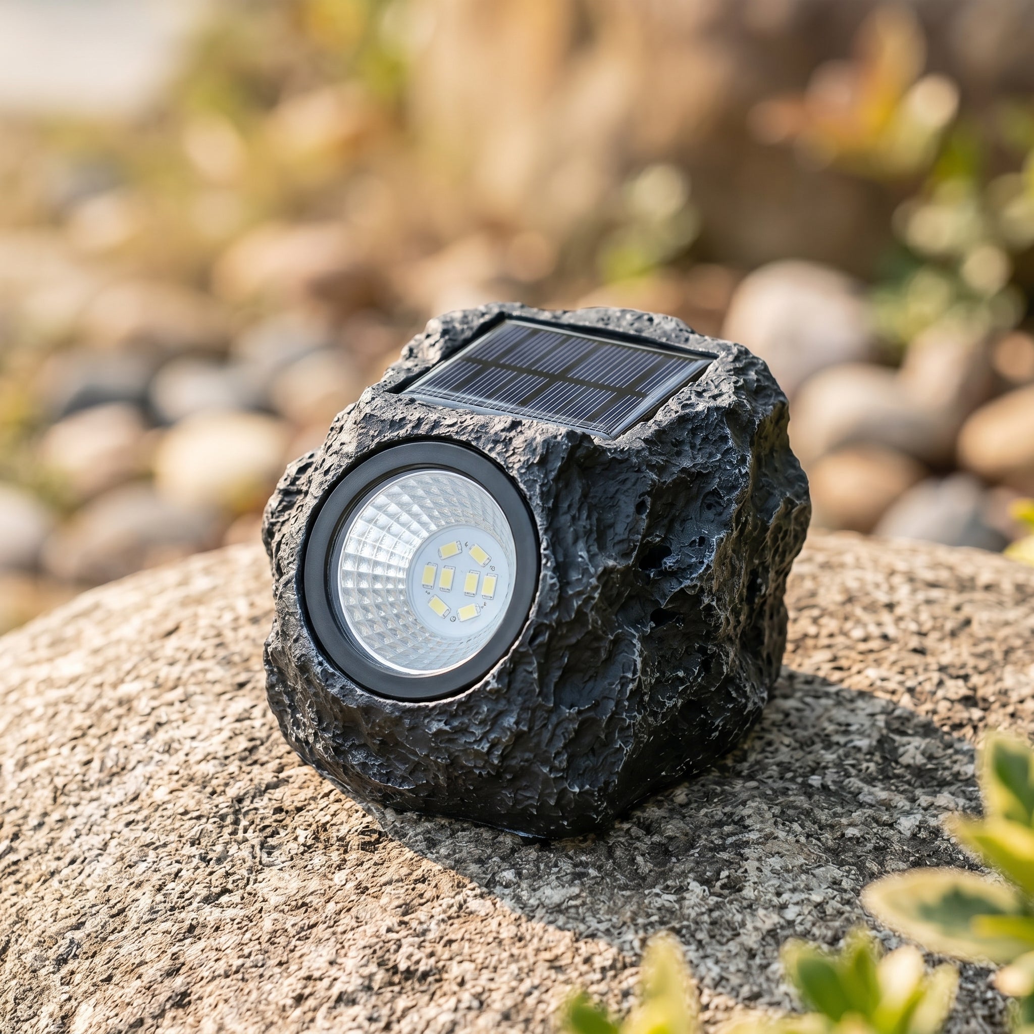Solar stone light detail showing solar panel and LED lens