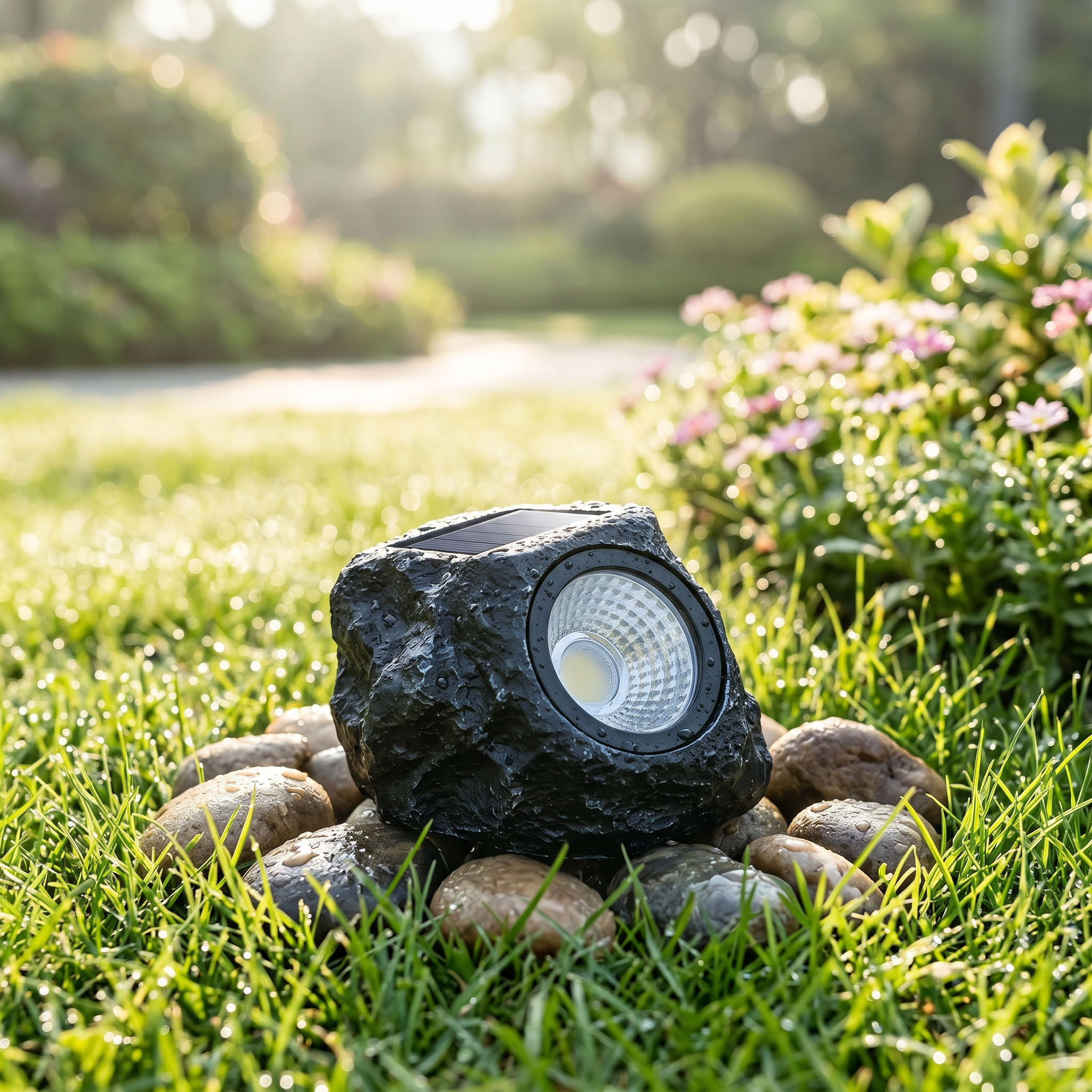 Waterproof solar stone light on dewy grass charging in daylight