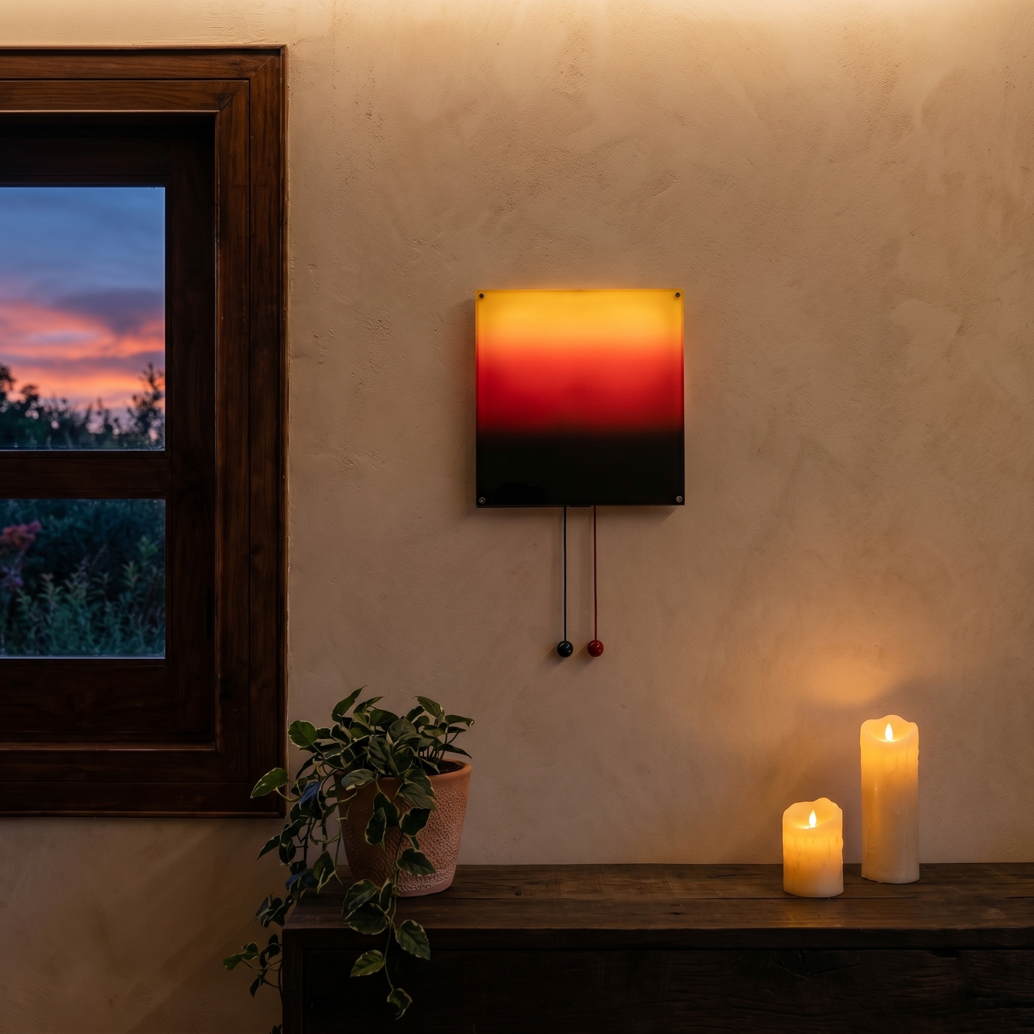 Sunset glow wall light on a rustic wall by a window