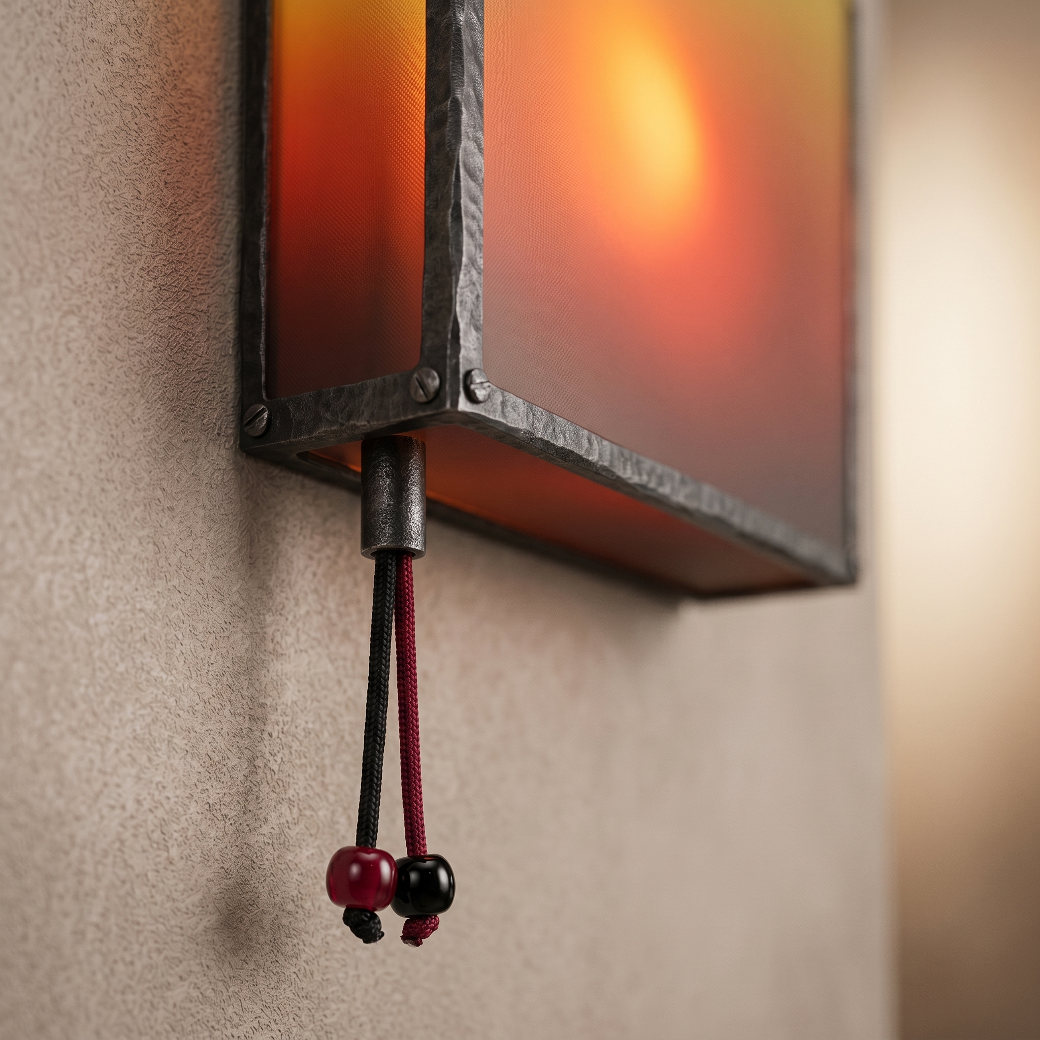 Detail of the iron frame, acrylic sunset glow and pull cords