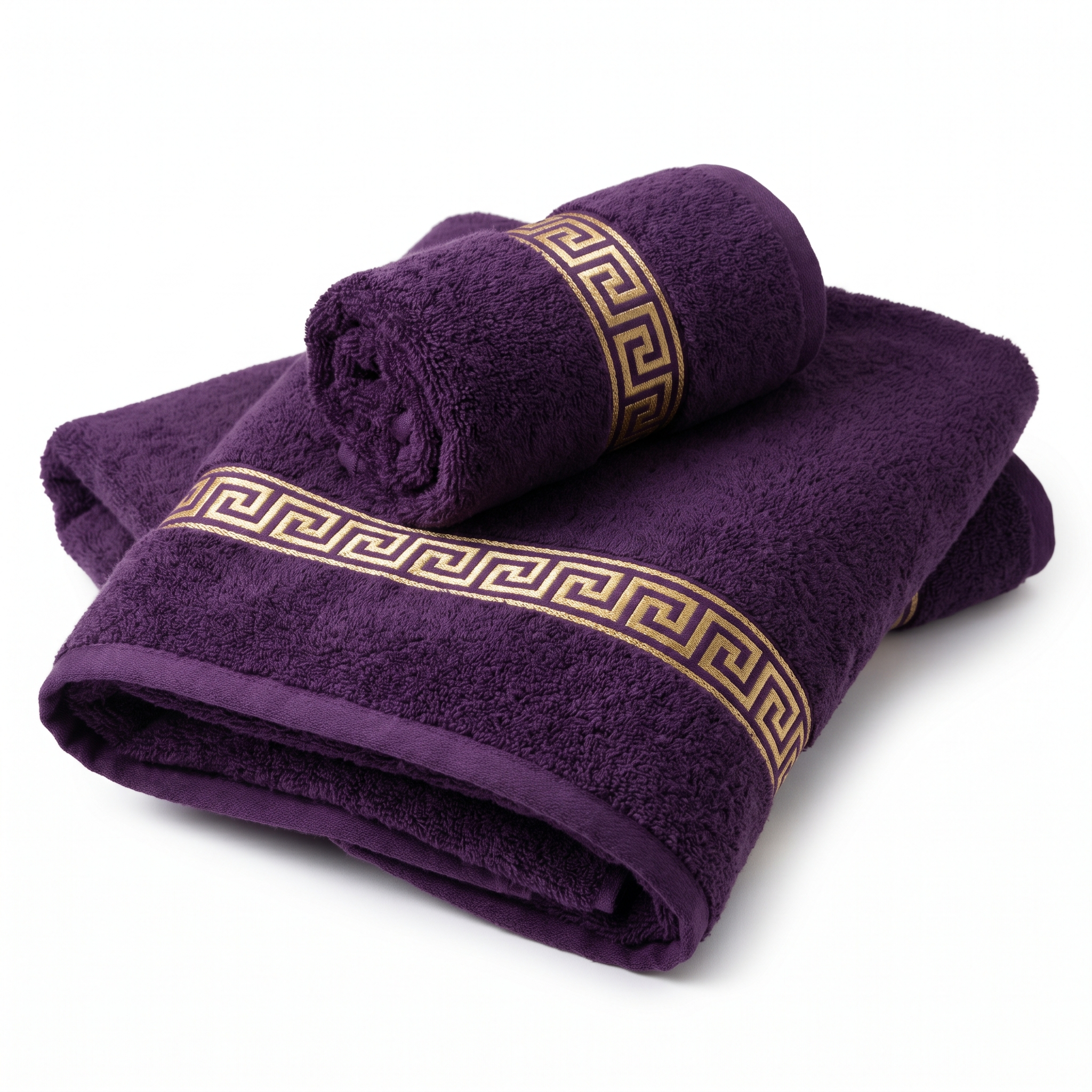 Majestic Plum cotton towel set with gold Greek key border