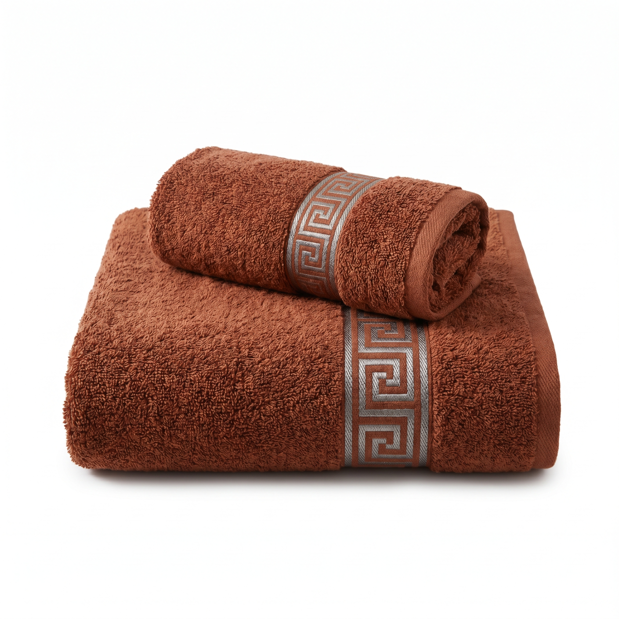 Terra Bronze cotton towel set with silver Greek key border