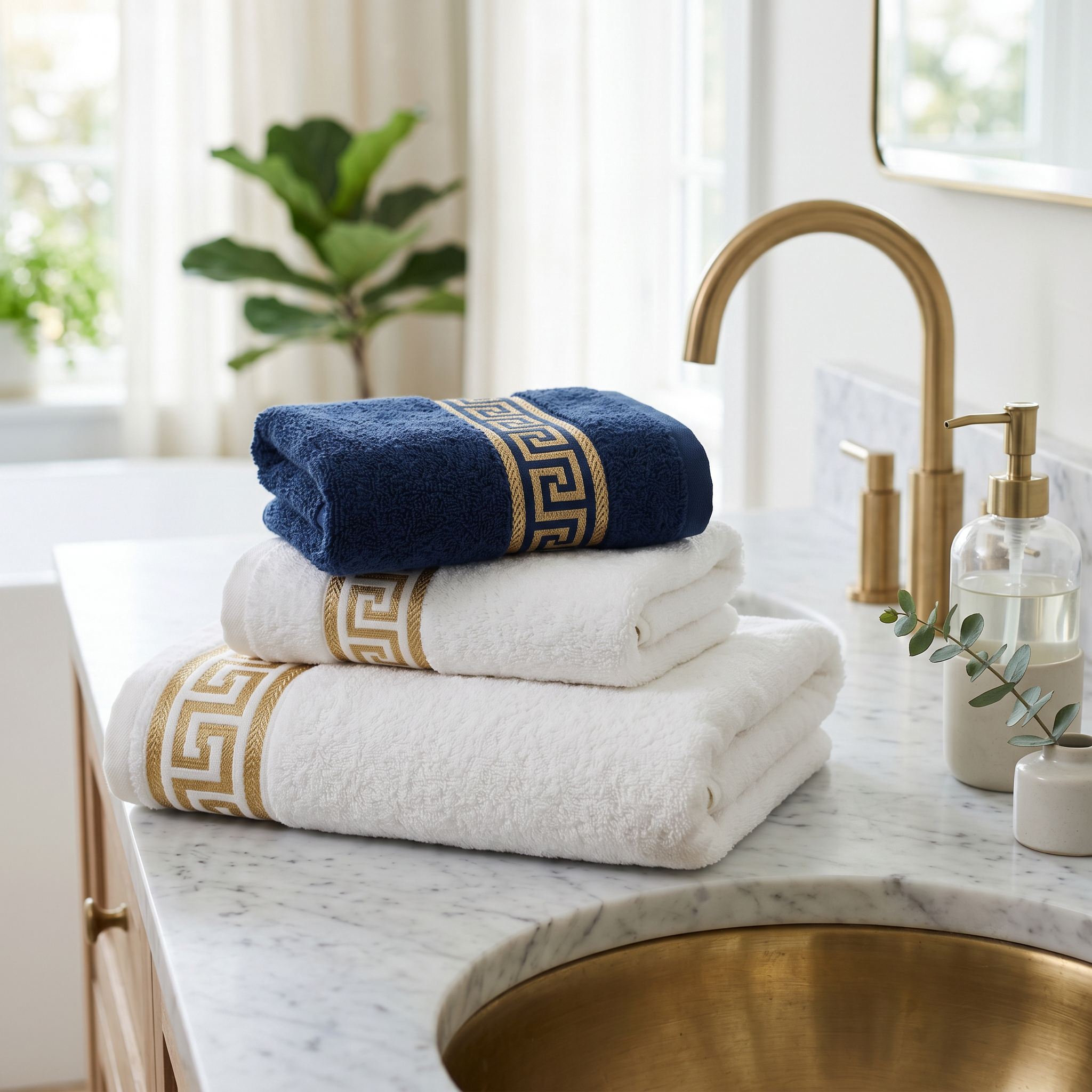 Navy and white Greek key cotton towel set styled on a marble bathroom vanity