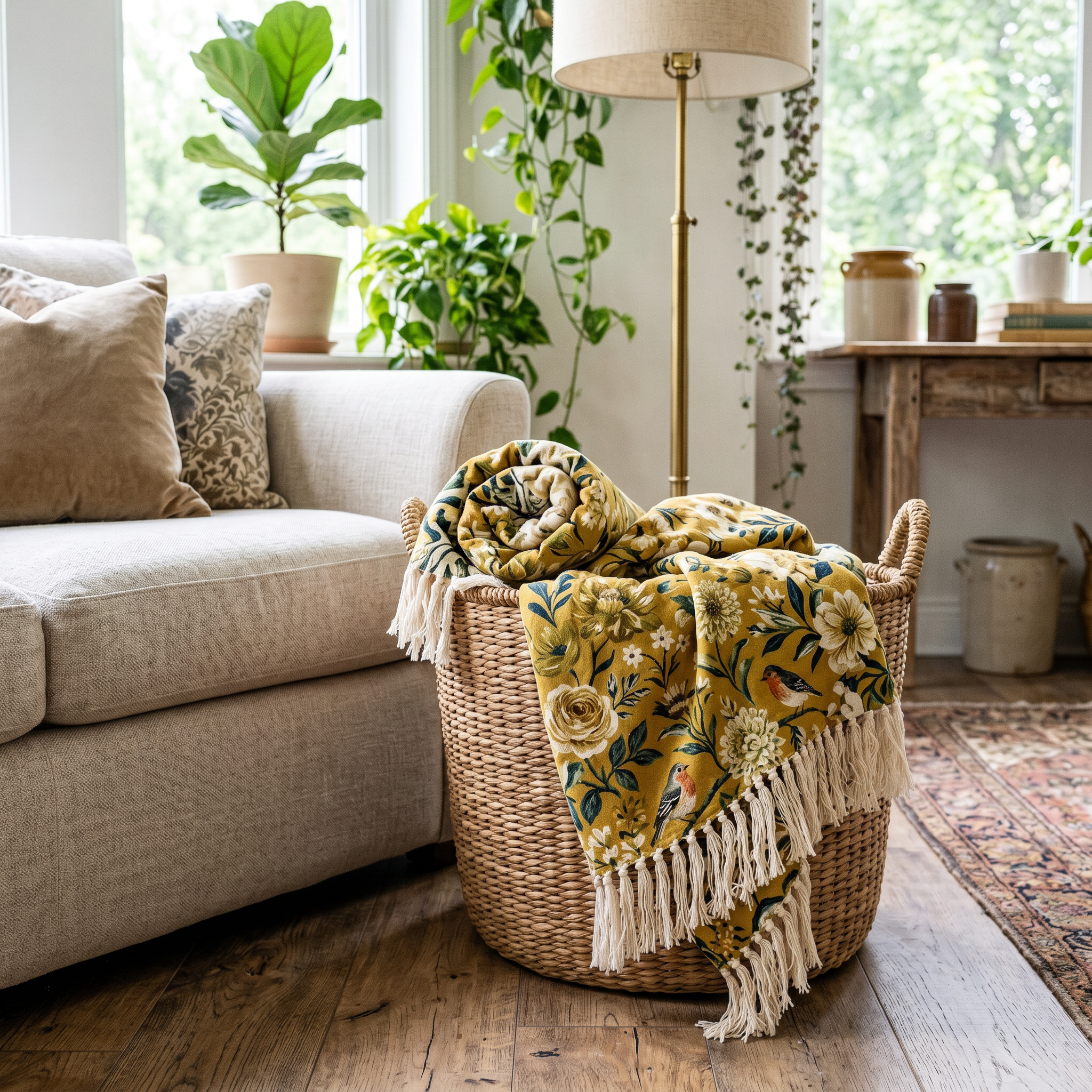 Mustard floral cotton throw rolled in a woven basket beside a linen sofa