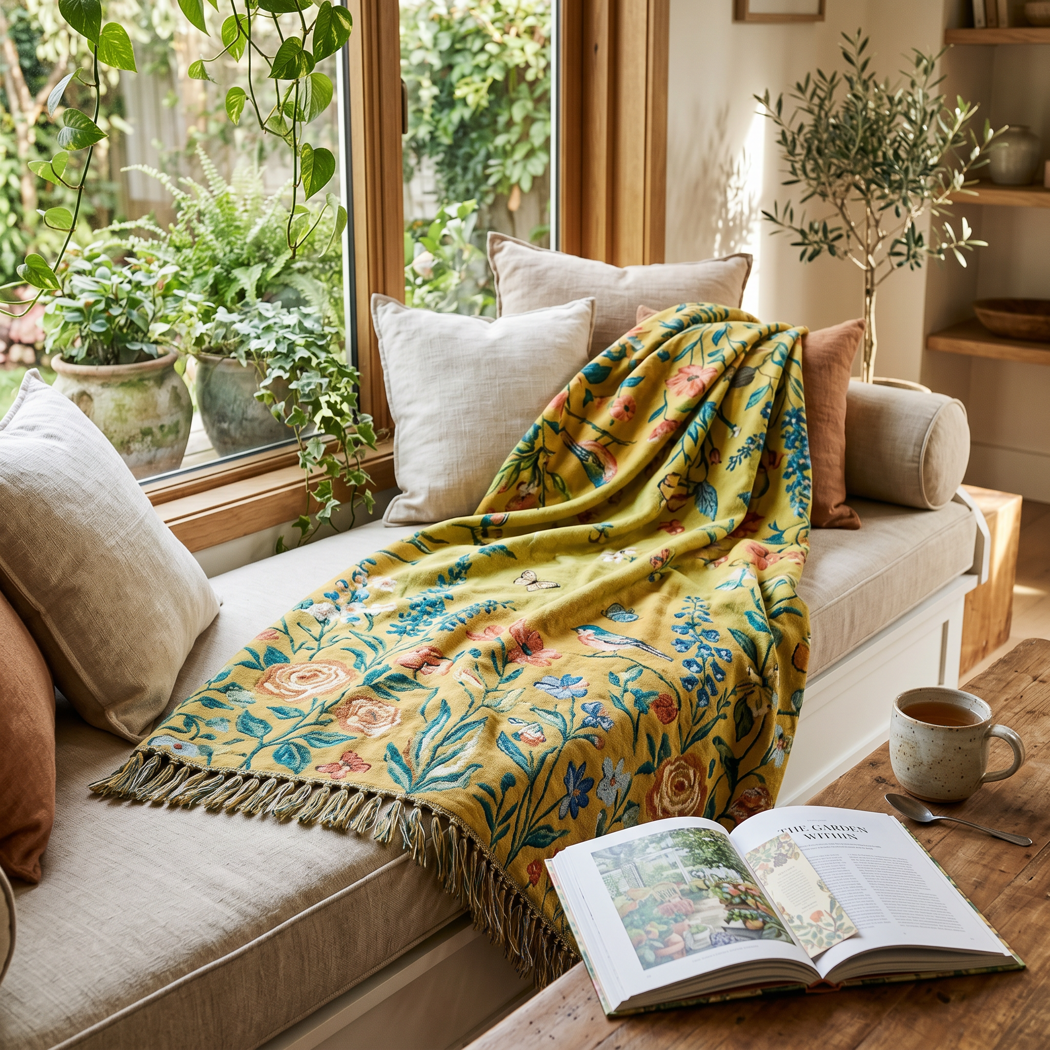 Boho garden floral throw on a cushioned window seat with an open book