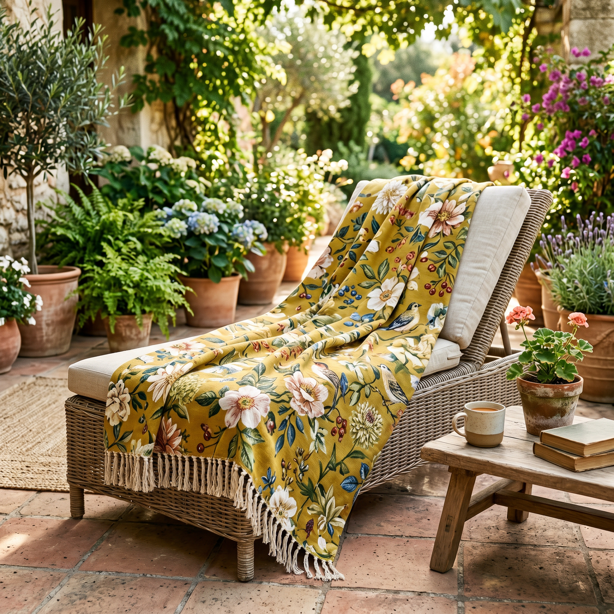 Mustard bird floral cotton throw over a wicker lounger on a sunlit garden patio