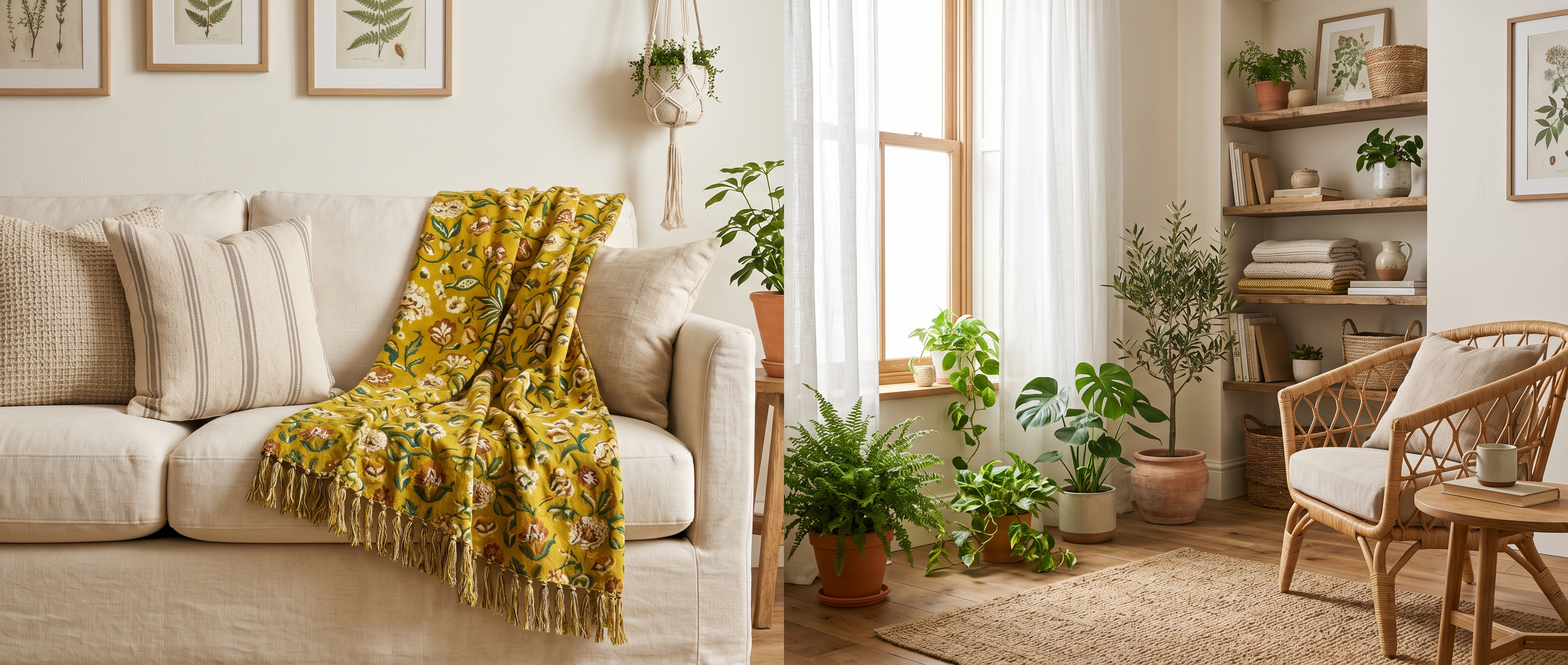 Boho garden floral cotton throw styled on a sofa in a bright living room