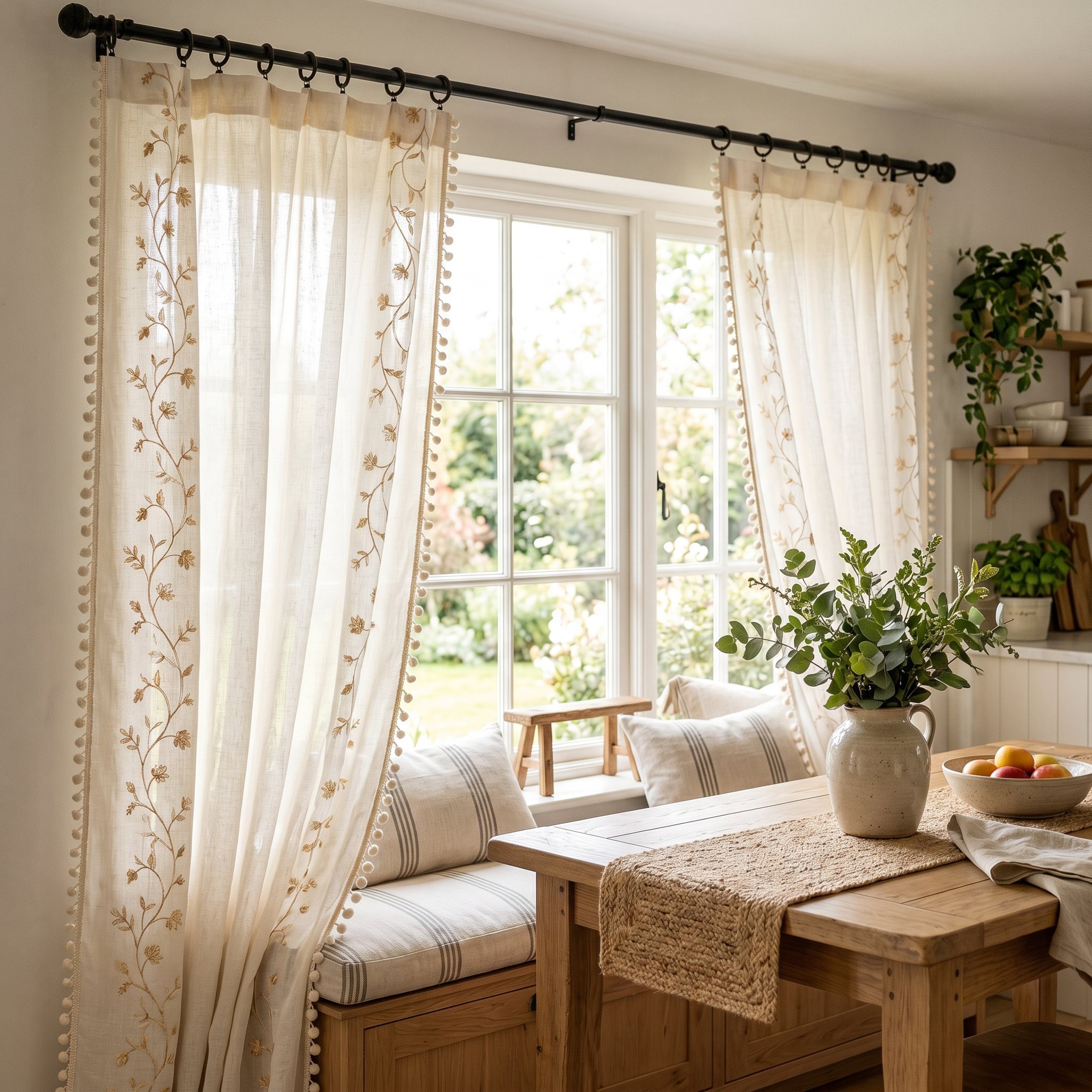 Serena Botanical Tassel Curtain in Meadow Beige in a sunlit dining nook
